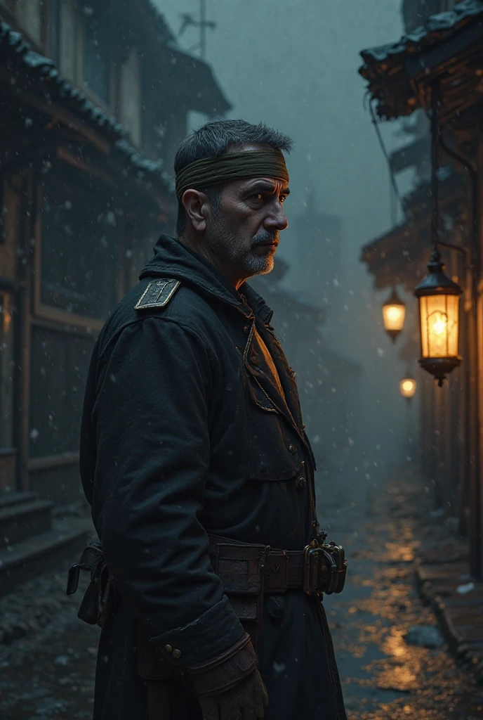 Soviet commander of about 50 years old with a very confident and frowning look with a small mustache in a tunic during a snowstorm, epic realistic. photo, ((frostpunk)), snow in the background, (dark shot:1.17), epic realistic, faded, ((neutral colors)), art, (hdr:1.5), (muted colors:1.2), hyperdetailed, (artstation:1.5), cinematic, warm lights, dramatic light, (intricate details:1.1), complex background, (rutkowski:0.8), (teal and orange:0.4), ((intricate details)), hdr, ((intricate details, hyperdetailed))