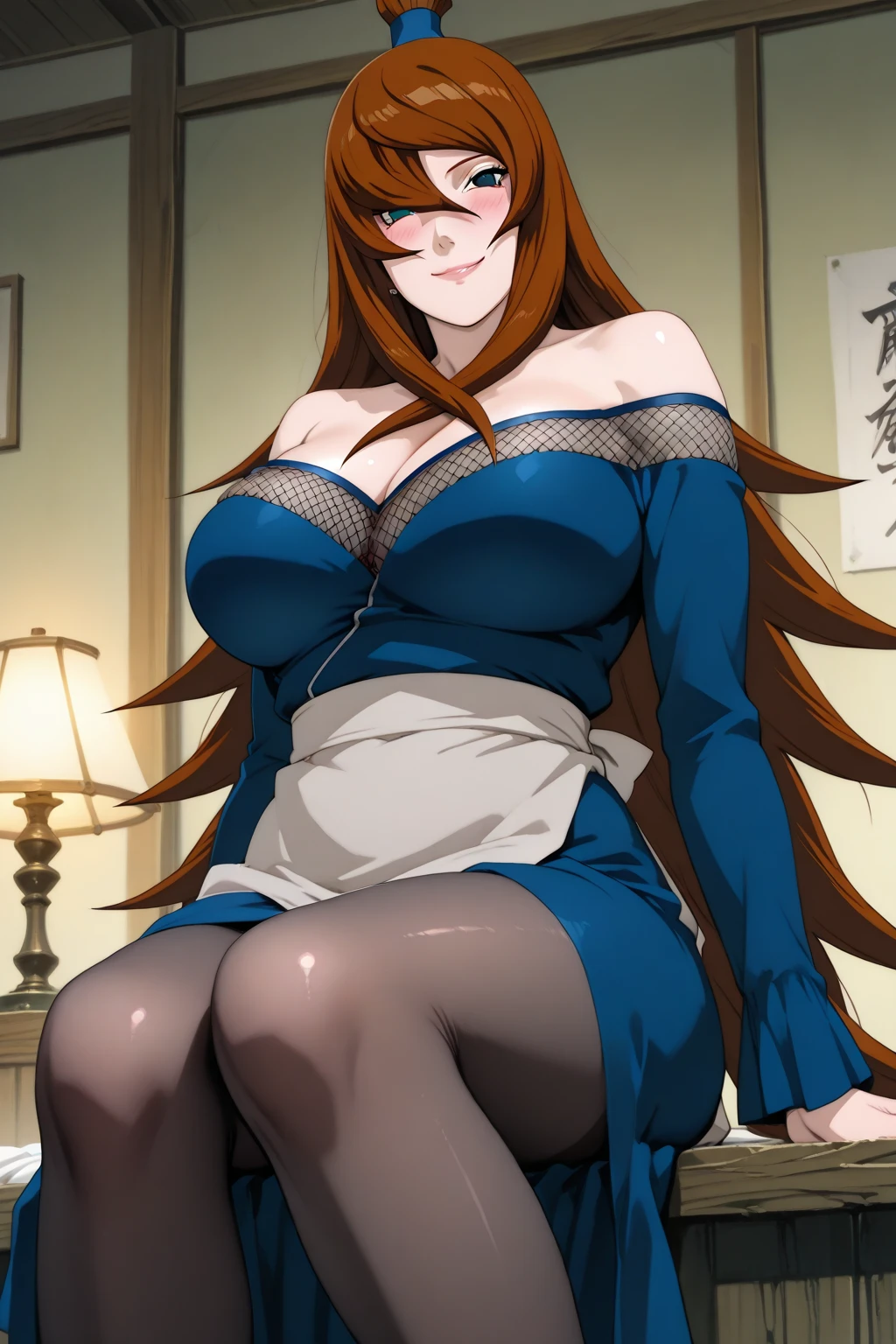 bedroom background, sexy pose, leg squat, hands grabbing breasts, want to fuck pose, want to kiss, mei_terumi, very tempting women, long hair, breasts, brown hair, blue dress, bare shoulders, (green eyes), off shoulder, hair over one eye, lipstick, moaning, (1 girl), solo, 20yo,Young female,Beautiful Finger,Beautiful long legs,Beautiful body, Beautiful Nose,Beautiful character design, perfect eyes, perfect face,expressive eyes, perfect balance, looking at viewer,(Focus on her face), official art,extremely detailed CG unity 8k wallpaper, perfect lighting,Colorful, Bright_Front_face_Lighting,White skin, (masterpiece:1.0),(best_quality:1.0), ultra high res,4K,ultra-detailed, photography, 8K, HDR, highres, absurdres:1.2, Kodak portra 400, film grain, blurry background, bokeh:1.2, lens flare, (vibrant_color:1.2),professional photograph, (Beautiful,large_Breasts:1.4), (beautiful_face:1.5), (very ultra detailed face)