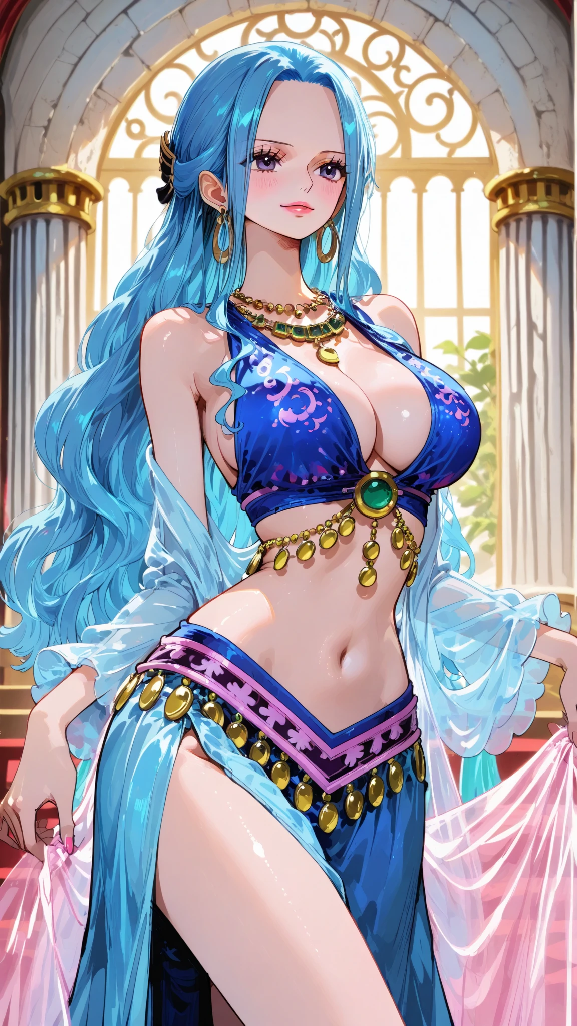 masterpiece, best quality, beautiful art, high resolution, well formed hands, body and fingers, 1 woman, solo, wonder woman, tiara , long blue hair, blue eyes, arabian belly dancer, adult, big breasted, cleavage, hair ribbon, full body, sexy and skimpy arabian belly dancer outfit, sexy belly dancer, she is sitting on the bed, showing and exposing her body, erotic environment, looking at the viewer, smiling joyfully and seductively, biting her lips, hotel room environment