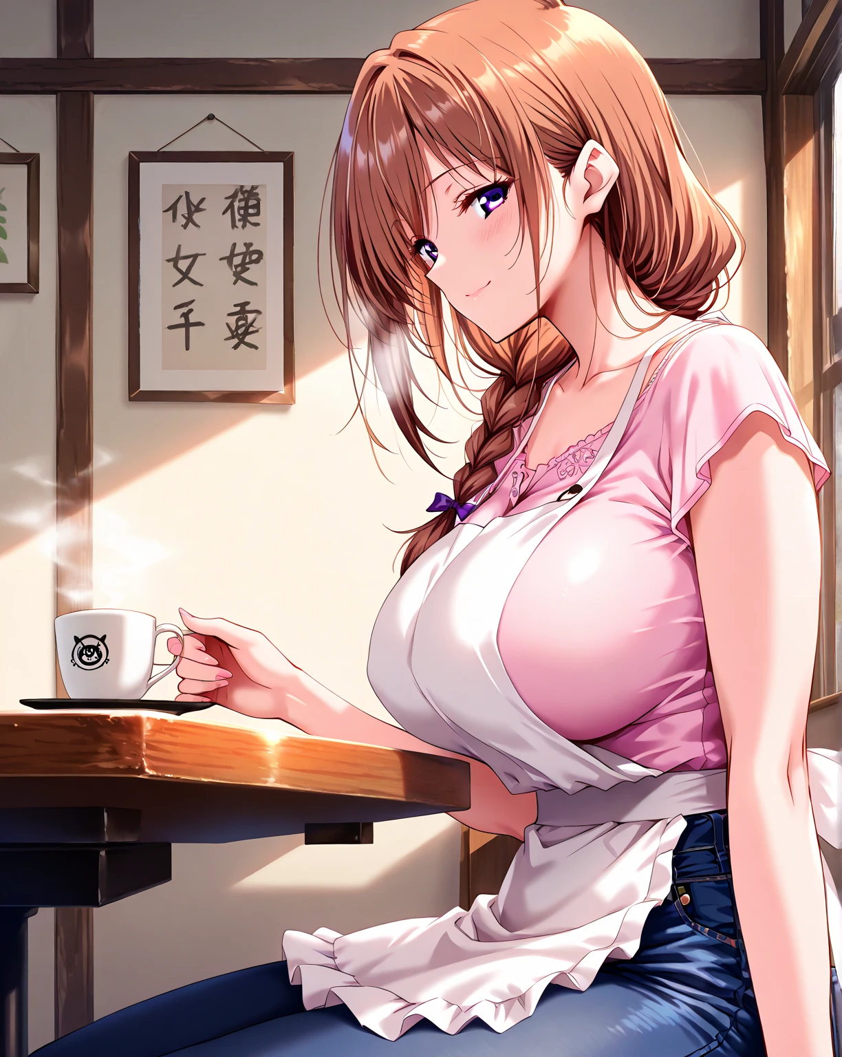 1 girl, alone, Nakano City, pink short hair, (naked:1.3), (white apron), big breasts, split, thigh, cafe background, (blush:1.2), smiling