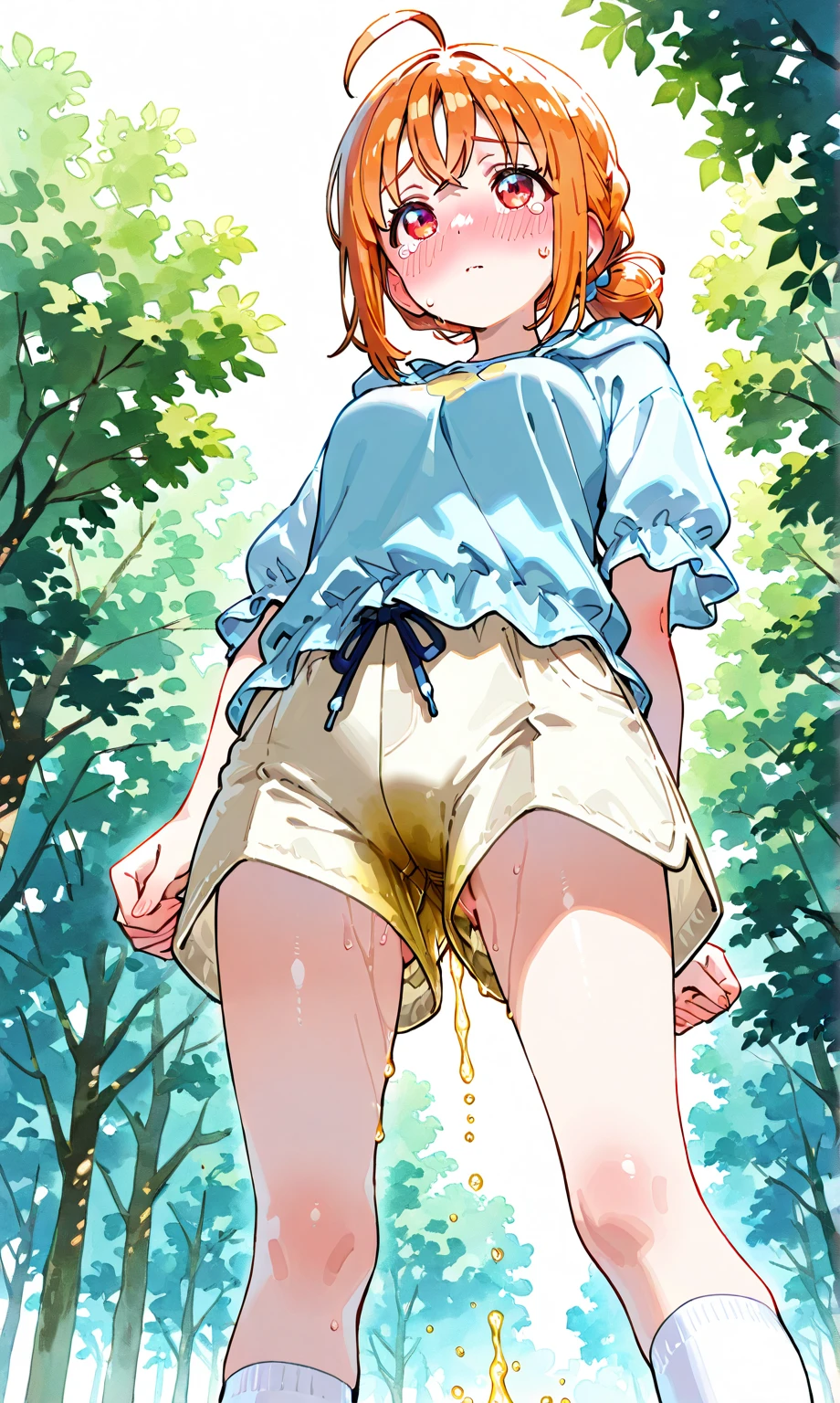 1 girl、High resolution、masterpiece、(Arena - DQ4、DQ4-Arena、Orange Hair)、smile、Squat with your legs apart、Leaning forward、Big uscular、Thick thighs、、Outdoor、grassland、Grass grows、Navy blue hat、Cape、Yellow Mini Dress、boots、(((細かい装飾が施された性的なBlack panties)))、shot of her from below、Black panties、Black bra、Too big breasts、Too big butt、Sit on the face of a lying man