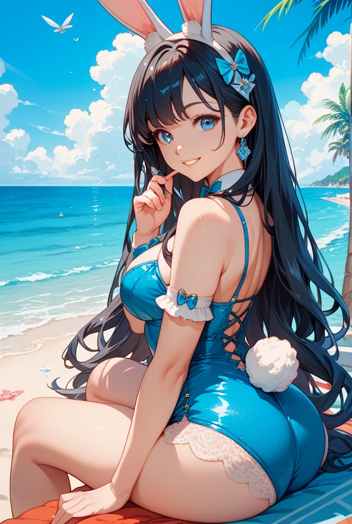 Dynamic posing, dynamic angle, Arrange pose,Top quality work，Show Legs，sexy, (( long black hair),((light blue eyes)), freckles, (sexy) , Rose cheeks, Pretty cute Face, A perfectly proportioned face，full-body view， amazing,large round chest、Beautiful eye details、Beautiful eyelashes、beautiful double eyelid, with blush cheeks,  swimsuit