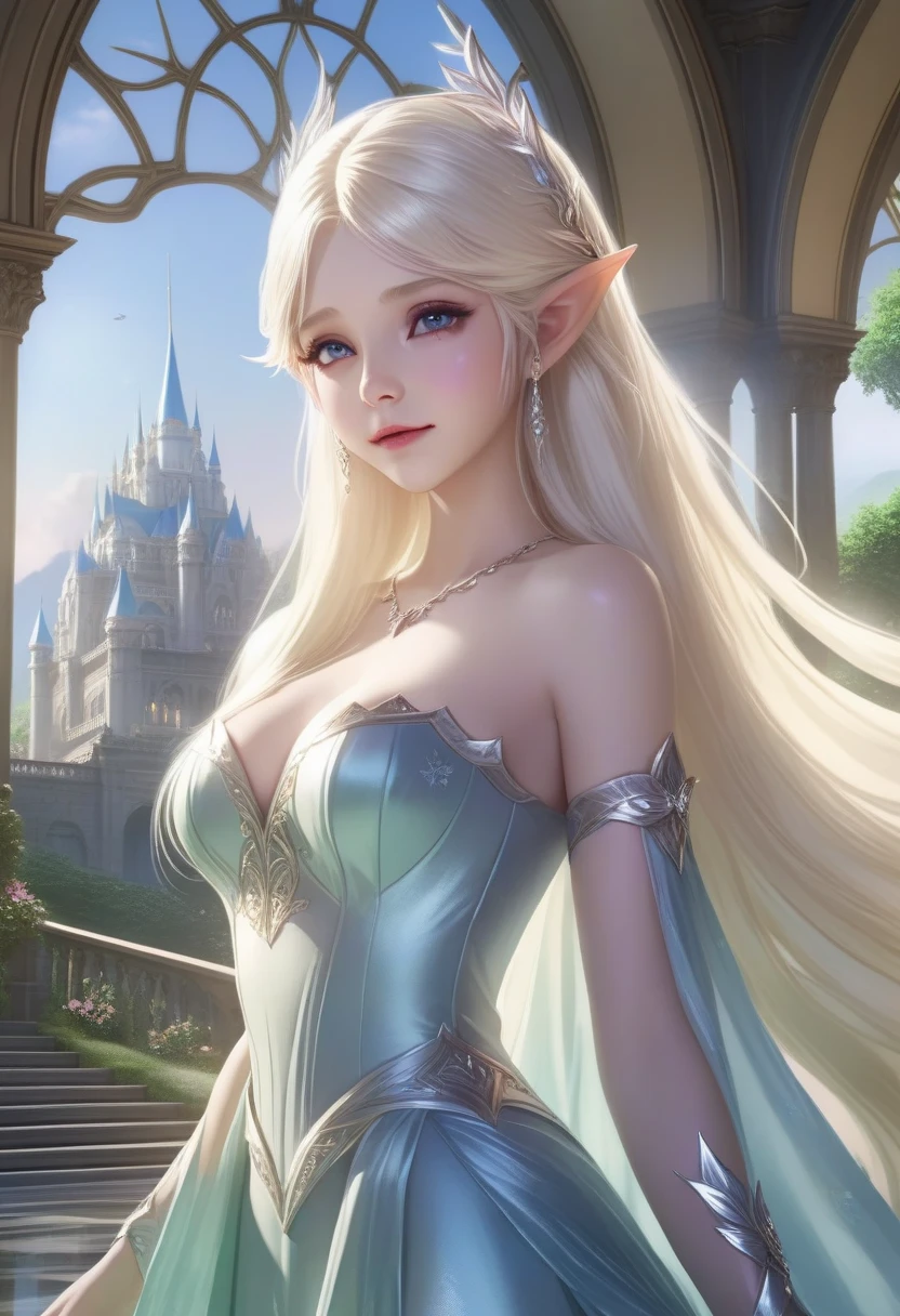 best quality, masterpiece, High resolution, 1 elf girl, beautiful magician girl, white detailed dress, beautiful crystal-armor, long hair, colorful magic circle, outdoor, pretty face, Above_Body, The Tyndall effect, Realistic anime, Fantasy and reality, Edge lighting, two color lights, (Highly detailed skin:1.2), 8K uhd, soft light, high quality, Volumetric lighting, confess, photo, High resolution, 8K, Bokeh