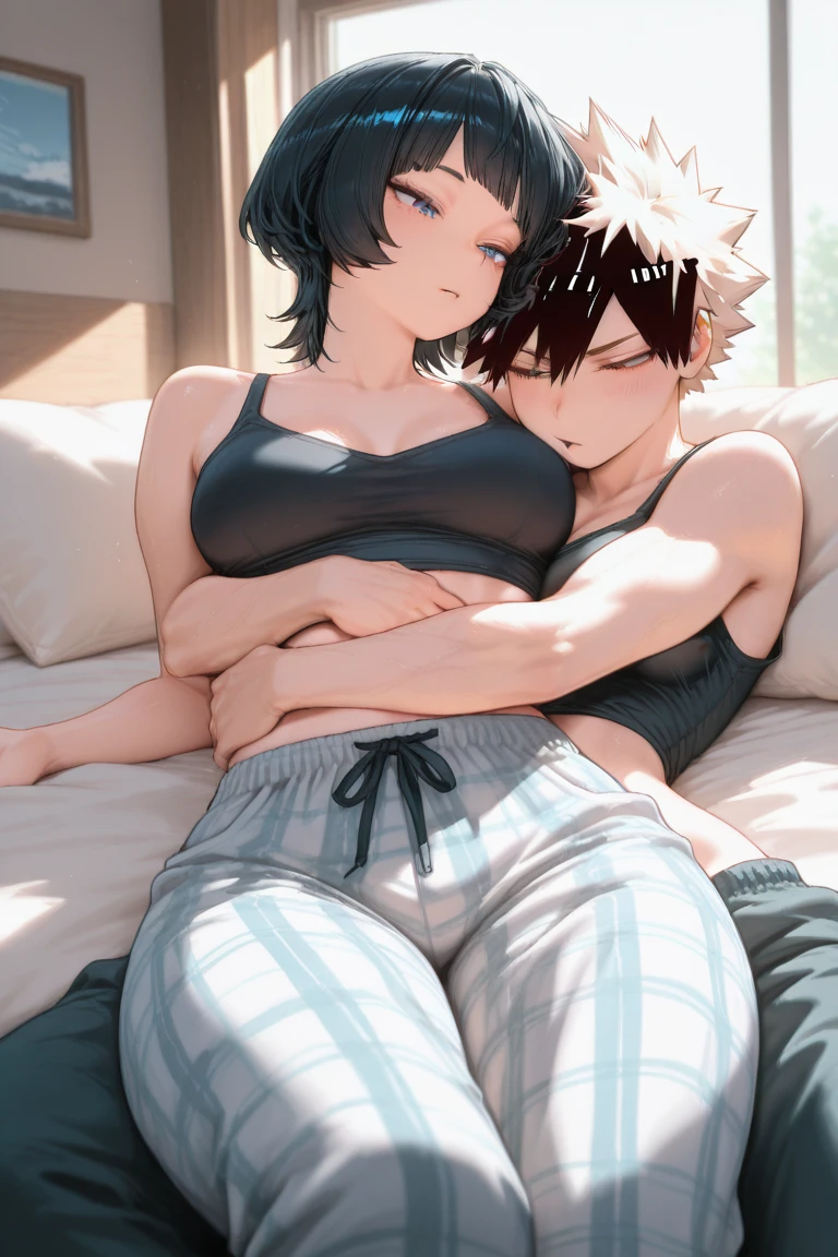 Anime highschool Girl, very short purple Hair, Green eyes, oily eyelashes, fat lips, in White underwear, thicc Body, large breasts, on top of the Guy, the Guy is also a highschool Student, has black hair, is blushing, both are lying ON the bed, Guy pats her Back