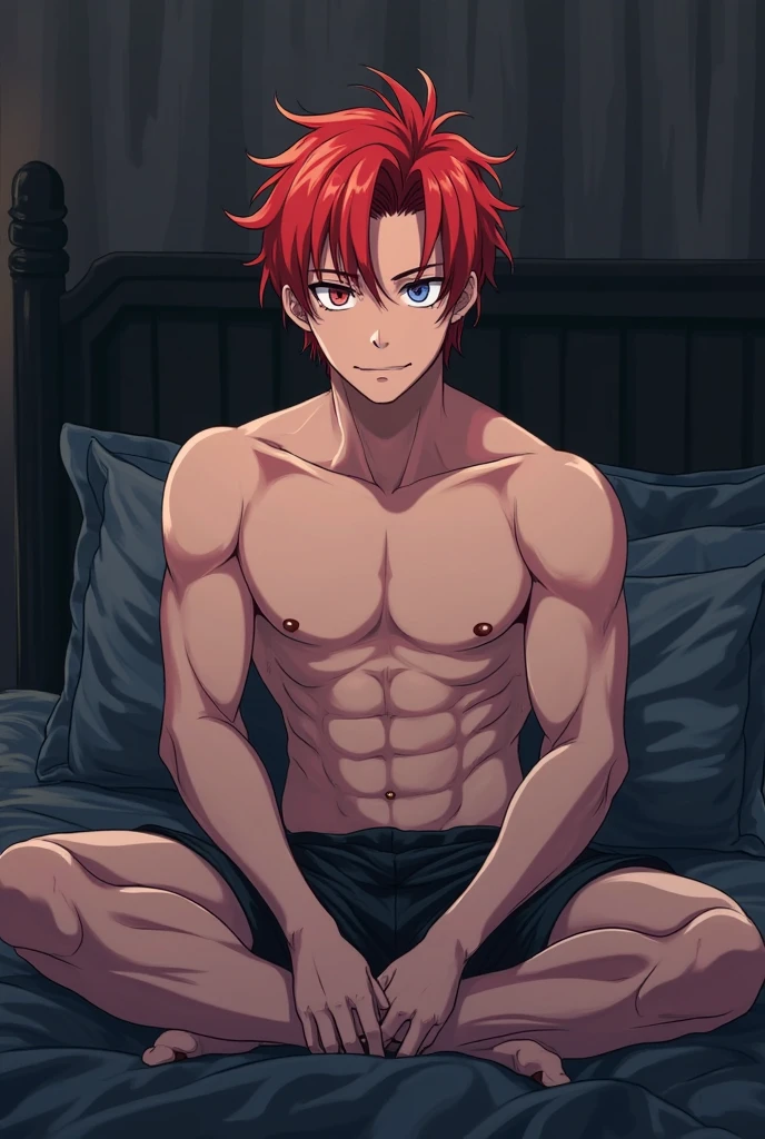 Todoroki Shoto, musculoso, sin camisa, vaquero, atado en una cama, mirada seductora