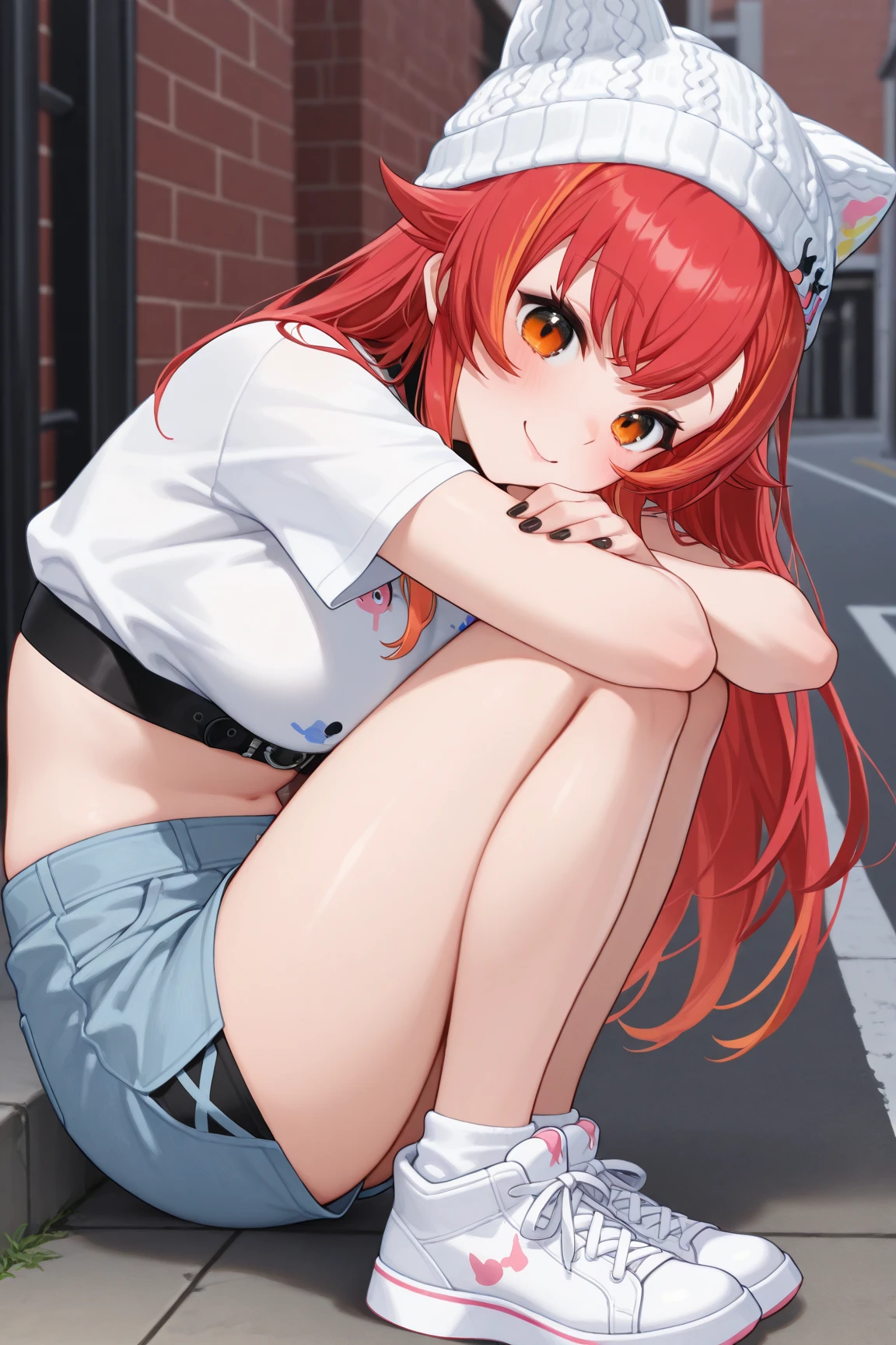 (full body:1.4), from above, (masterpiece:1.3)), (best quality:1.3),(ultra detailed:1.4),(extremely detailed),(absolutely resolution:1.3) ,absurdres,8k, 1girl, grin, ultra detailed eyes, long hair, multicolored hair, tanktops, jeans, squatting, waving hands,