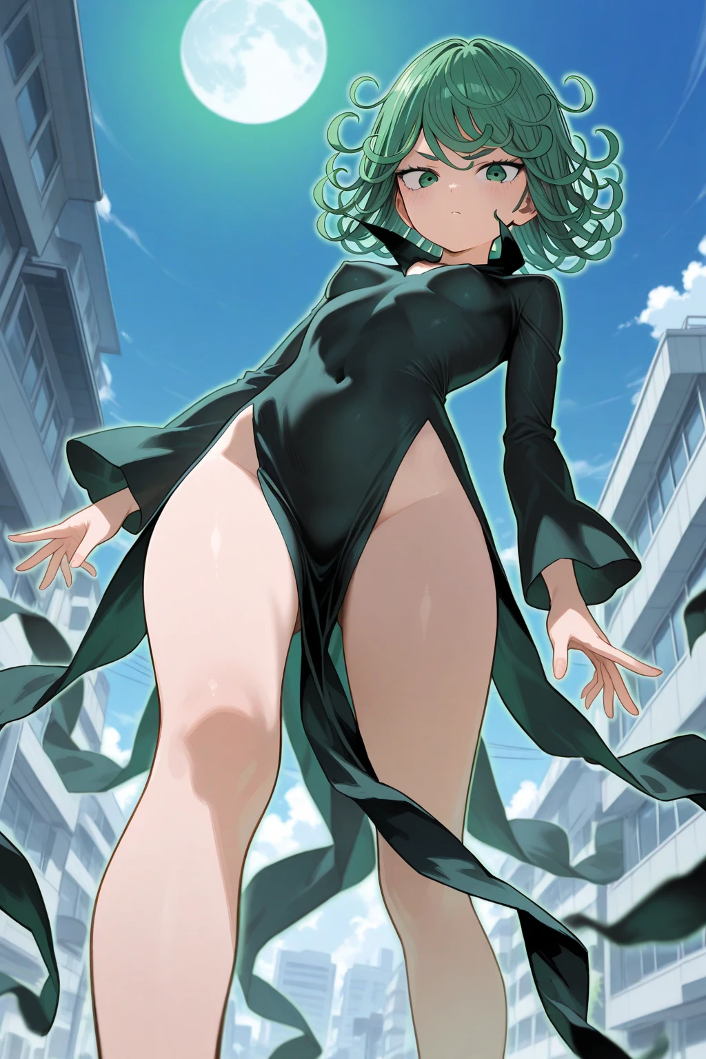 (masterpiece, best quality), intricate details, 1girl, iom, pelvic curtain, floating, short hair, black dress, small breasts,colored,((green eyes,green hair:1.2)), manga panels, outdoors, city, broken buildings, debris,((nude,naked:1.2)),((full body)),pussy,lift up dress,