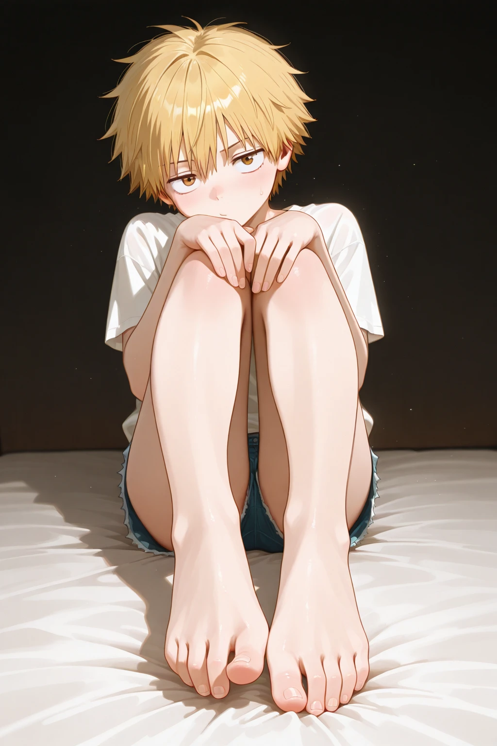 Cute anime boy, blond hair, skin very white, heated, showing her bare feet, soles of the feet, beautiful and aesthetic feet, sitting on his bed
