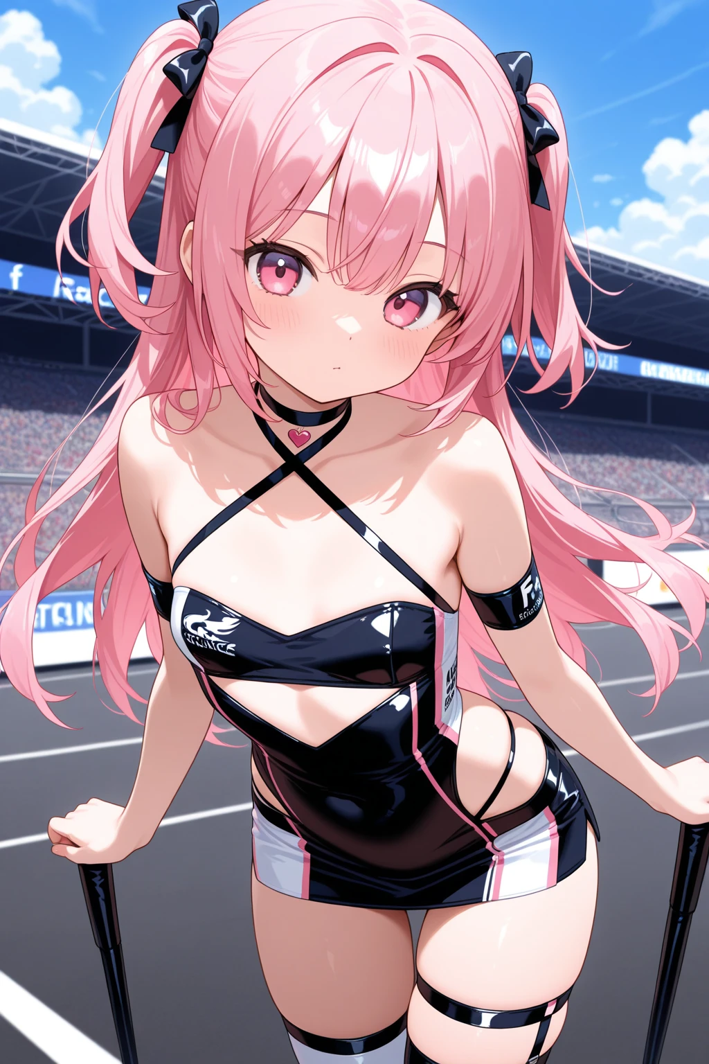(best quality,4K,8k,high resolution,masterpiece:1.2),super detailed,(actual,realistically,realistically:1.37), Ultra high definition face, Woman in striped bikini posing for photo, ((white oversized t-shirt), ((glossy lip)), attractive girl, jaw-dropping beauty, large breasts, Thin waist and thick hips, hourglass figure, rosy cheeks, (((beautiful black and pink mesh hair))), Alluring with a smile, Bokeh, Dynamic Angle, (((Leaning forward:1.2))), close arms, Close-up face:1.5, whole body, From below:1.2, (Correct Anatomy:1.6, Ideal body proportions, The right move:1.5, Small hands), in the poolside, midjourney
