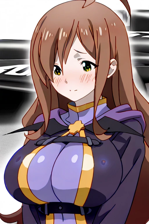 (best quality,8k,high-resolution,masterpiece:1.2),ultra-detailed, anime art style, dynamic angle, detailed brown hair, detailed eyes,wiz,1 girl, solo, adult style, large breasts, soft expression, long hair, ahoge, side lock, hair covering one eye,(race queen, leotard, sleeveless, parasol, blush, car race venue:1.3)
