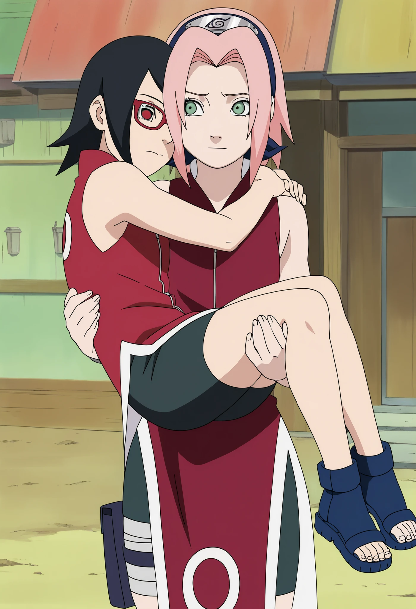 masterpiece, best quality, very detailed, , masterpiece, best quality, eyelashes, (Beautiful Eyes), cowboy shot,, Official anime Illustration, Official artwork, screencap,,Scarsdale, ,Sakura haruno, 1girl,solo, short hair, pink hair, green eyes,"Red sleeveless Chinese qipao with white trim and symbol, black shorts, black open-toe ninja sandals." Standing, , wide hips , princess carry,1girl ,Sarada Uchiha , black hair, glasses, red shirt, white short, female carrying female , role reversal