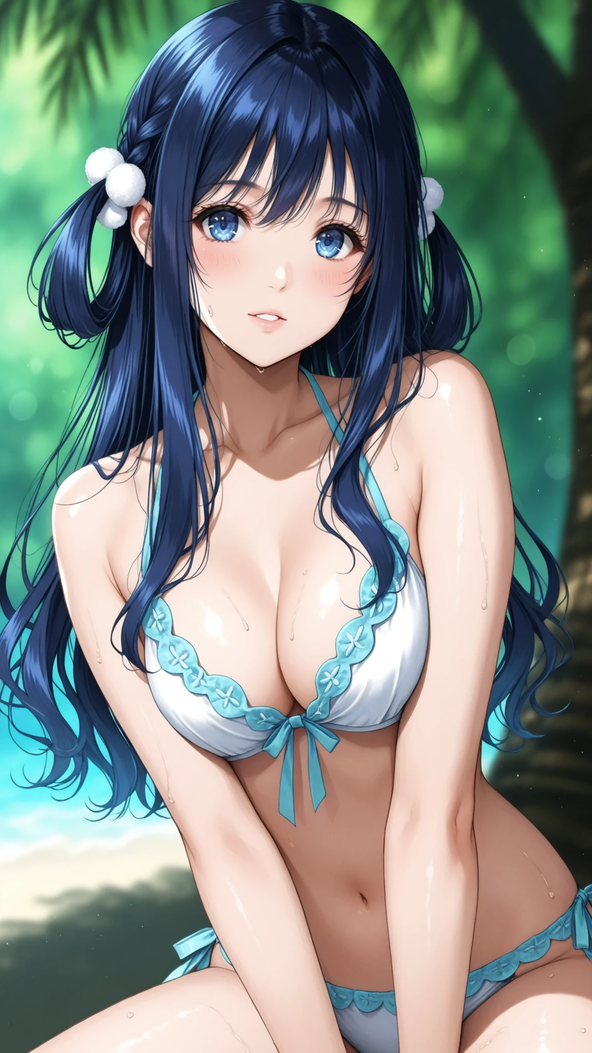 A blue-haired anime girl is near a river, playing with her friends. She sees an opportunity and comes over to you, taking off her clothes and allowing you to touch her breasts. Later, you go home and start a night of intense physical activity.、Remember to draw her in a cute way with high resolution and high quality