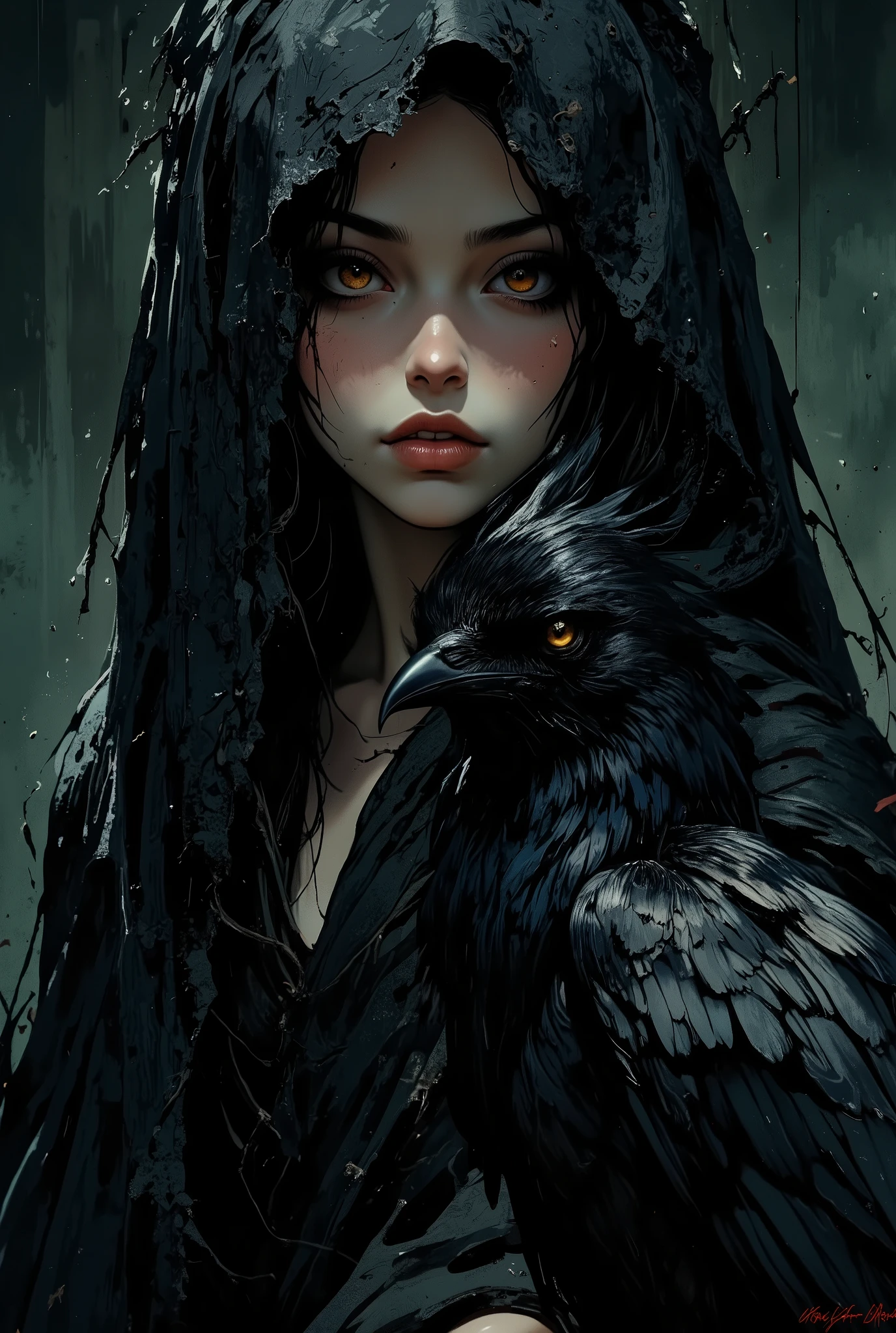 A highly detailed digital illustration depicting a dramatic and eerie Gothic scene. The central figure is a beautiful woman with fair skin and long dark hair, partially hidden by a torn black cloth that obscures her head and face, creating a sense of mystery and concealment. Her lips are slightly parted, giving them a shade of pink, and her expression is serene and tense at the same time.
The woman's eyes are closed, and she is wearing a dark cape with a hood that wraps around her shoulders and neck, seamlessly blending into the dark background. The texture of the cloak looks rough and worn, suggesting that it may be made from coarse cloth or even animal hide.
To the right of the woman, a large black raven sits on her shoulder. The bird's shiny feathers contrast sharply with the dark tones of the woman's outfit, and its beak is close to her lips, creating an almost sinister, intimate connection between them. The raven's eyes are bright and alert, which gives the image a sense of tension and mystery.
The background is made in muted dark green tones with subtle gradients and textures that enhance the overall gloomy Gothic atmosphere of the painting.