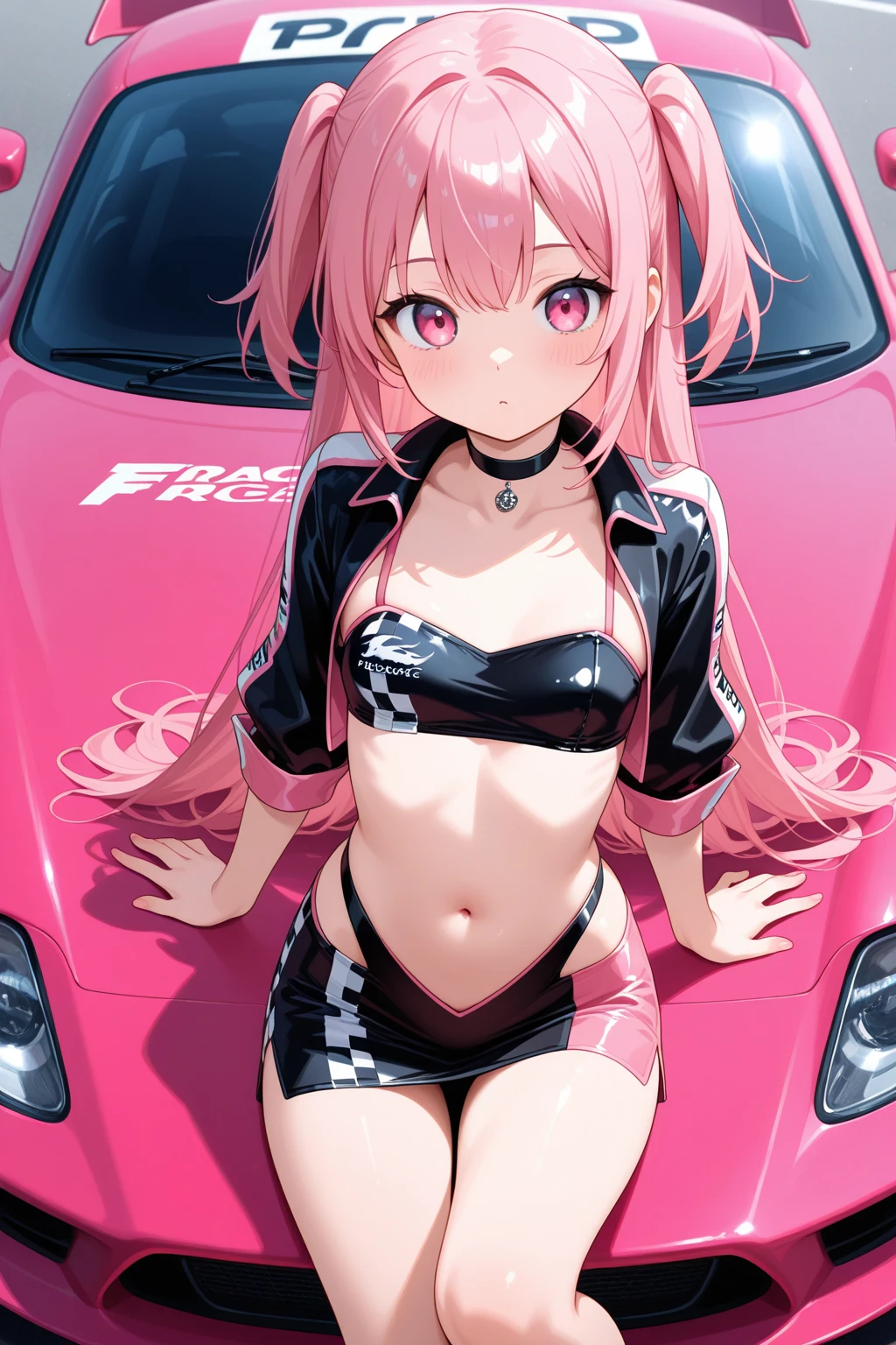 anime girl with pink hair leaning on a black Toyota a86 car in a parking lot, realistic anime 3 d style, style anime, anime style. 8k, anime style 4 k, style of alena aenami, realistic anime artstyle, anime styled 3d, anime realism style, anime vibes, clean detailed anime style, realistic anime art style, style of aenami alena, cyberpunk anime girl in bikini and hoodie, anime style 4 k, cyberpunk sexy bikini,