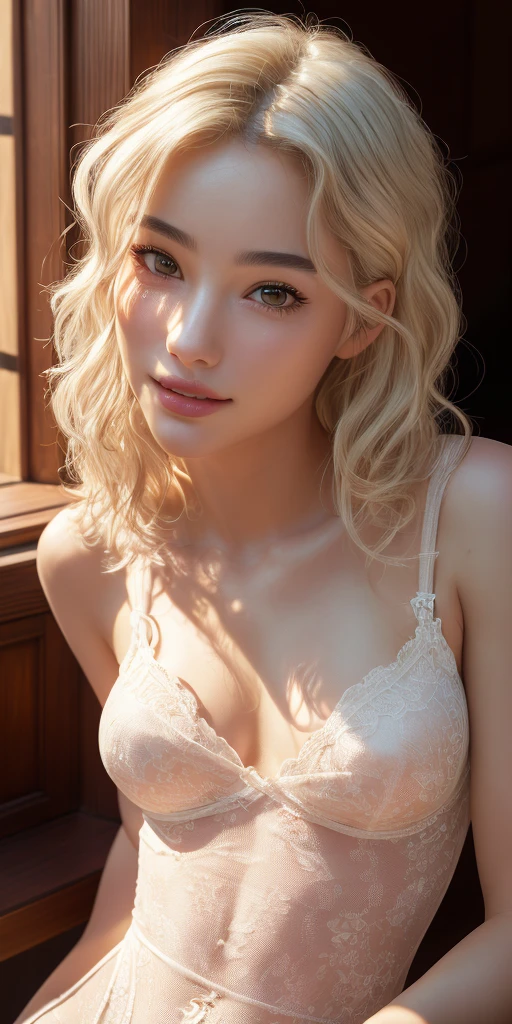 melancholy lighting, Quiet, dispassionate, luminance, tmasterpiece, Best quality at best, 1个Giant Breast Girl, (Kim Kroll:1.2), (Hyper-realism:1.3), (tmasterpiece:1.4), Best quality at best, ((actual)), high qulity, ultra - detailed, ((Authentic images)), ((Realistic skin)), ((Realistic face)),(illustratio:1.05), (The beautiful:1.05), (Beautiful and delicate eyes:1.05), (movie lighting:1.1), full bodyesbian, Precise proportions, 18yo Girl, Thin model lying next to the bed, SHORT BLONDE hair fluttering in the wind, gossamer, legs long, Open your feet slightly, glute, Be red in the face, is shy, clavicle, Abs, double braid, Beautiful and delicate face, White skin of the, realskin, (Face details), pores, ultra high resolution, 8K, Parameters Best quality, tmasterpiece, ultra high resolution, (Reality 2.0), higher details, Delicate skin, cleanness, Hefty Smile, white teeth, Short curly blonde hair, perfect and well designed eyes, girlfriend, The beautiful, The beautiful, blossoms, Studio lighting