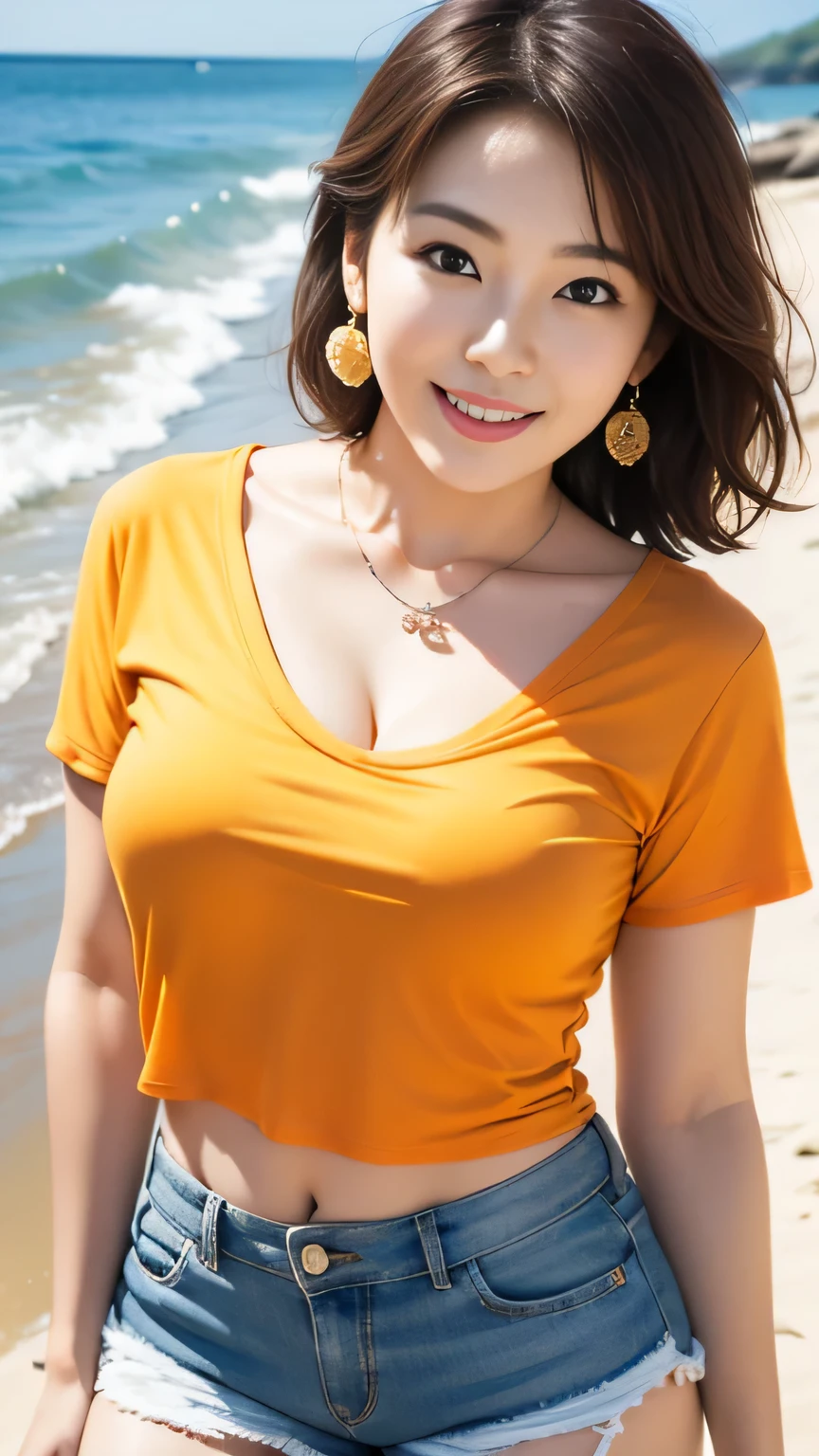 8K、best image quality、smile、masterpiece、buzzer、short hair、fine eyes、big breasts、A refreshing smile、Female college student、Dimples、Camisole showing both shoulders、Clear system、attending university、Ruck sack、Light yellow clothes、Seaside scenery
