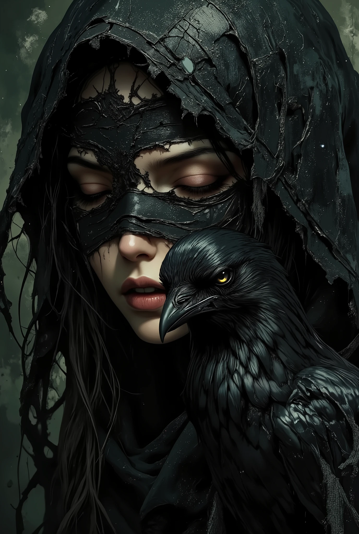 A highly detailed digital illustration depicting a dramatic and eerie Gothic scene. The central figure is a beautiful woman with fair skin and long dark hair, partially hidden by a torn black cloth that obscures her head and face, creating a sense of mystery and concealment. Her lips are slightly parted, giving them a shade of pink, and her expression is serene and tense at the same time. The woman's eyes are closed, and she is wearing a dark cape with a hood that wraps around her shoulders and neck, seamlessly blending into the dark background. The texture of the cloak looks rough and worn, suggesting that it may be made from coarse cloth or even animal hide. To the right of the woman, a large black raven sits on her shoulder. The bird's shiny feathers contrast sharply with the dark tones of the woman's outfit, and its beak is close to her lips, creating an almost sinister, intimate connection between them. The raven's eyes are bright and alert, which gives the image a sense of tension and mystery. The background is made in muted dark green tones with subtle gradients and textures that enhance the overall gloomy Gothic atmosphere of the painting.