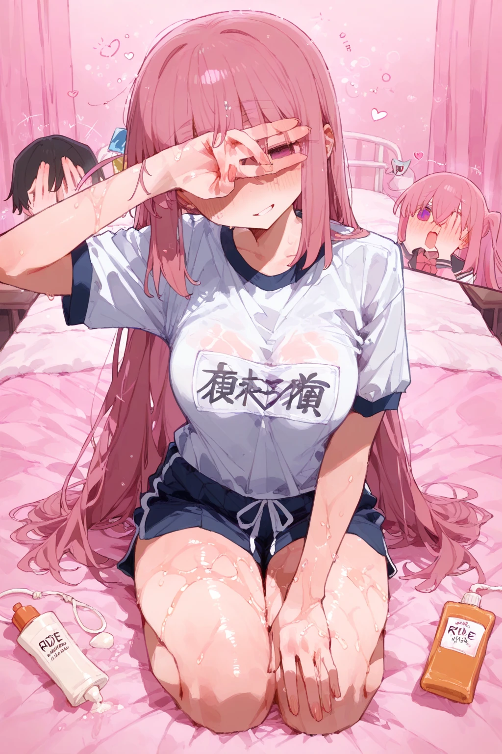 (Magazine Cover:1.7),((masterpiece, highest quality:1.3)),nsfw,after rape,,cowboy shot,20 year old beauty,solo,((very small head)),(((long body))),pink hair,long hair,pink eyes,bangs,medium breasts,slender body,skinny,shiny skin,oily skin,sweat:1.3,crying,sad,drooling、lying,spread legs,naked,nipples,clavicle、navel、vagina,creampie,bukkake:1.7,excessive cum1.5,arms up,Large bed、villa,Bedroom、