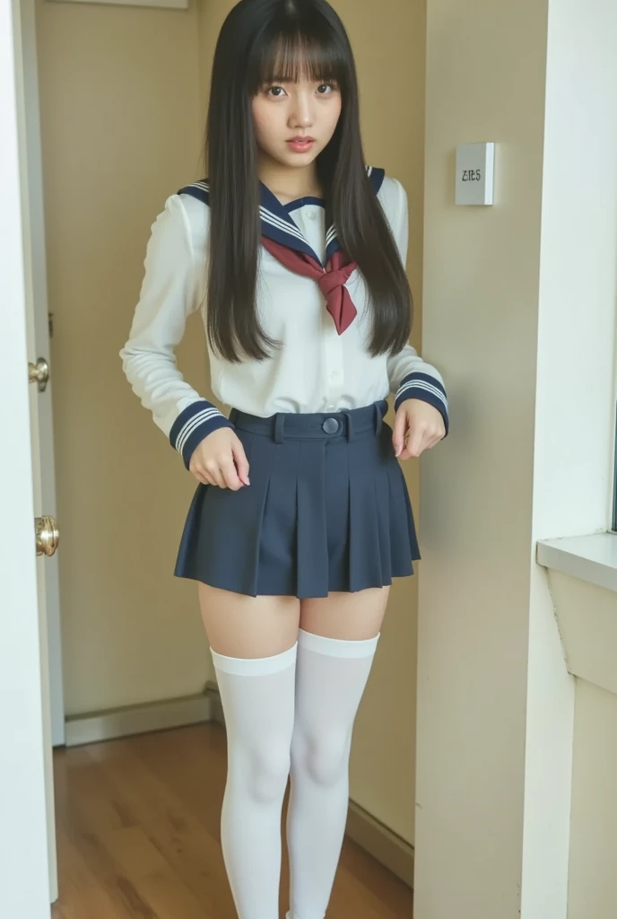 A Japanese woman in a schoolgirl uniform、Open your legs、I'm peeing naked。Your asshole is completely visible、???????
