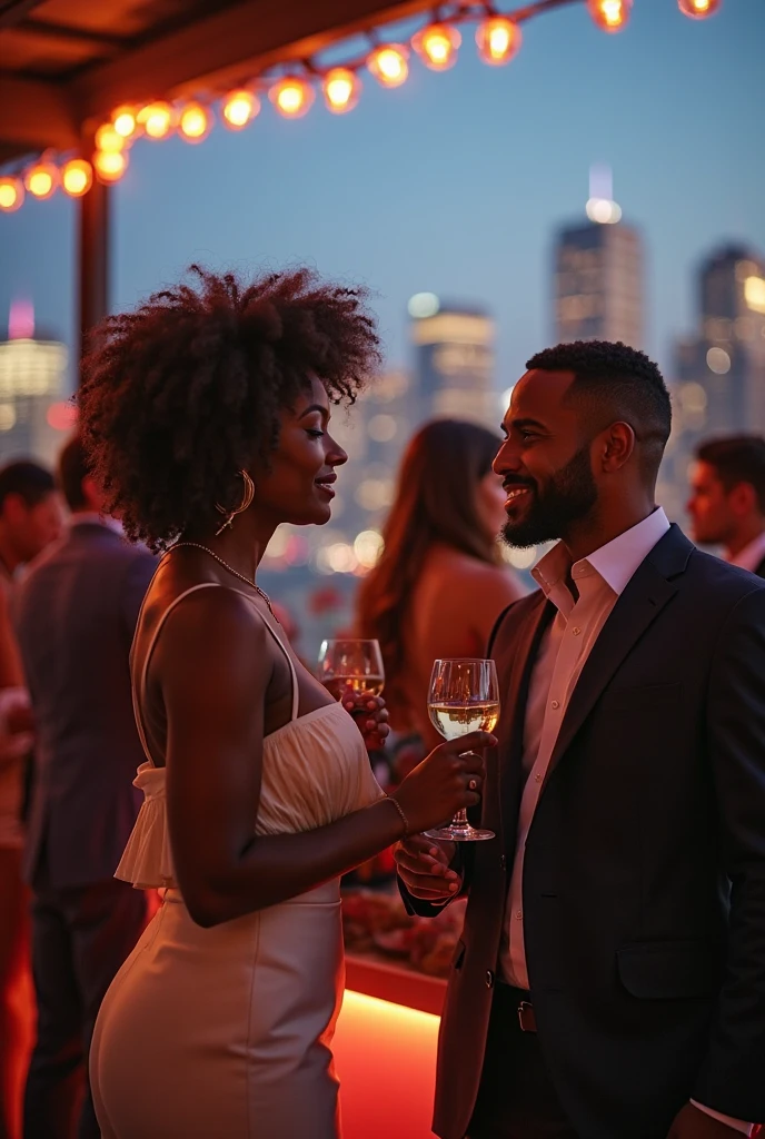 Create a couple the woman will be dark color the hair will be curly yellow color with a white dress the man will be with yellow hair the shirt will be light blue the pants will be black they are in Las Vegas