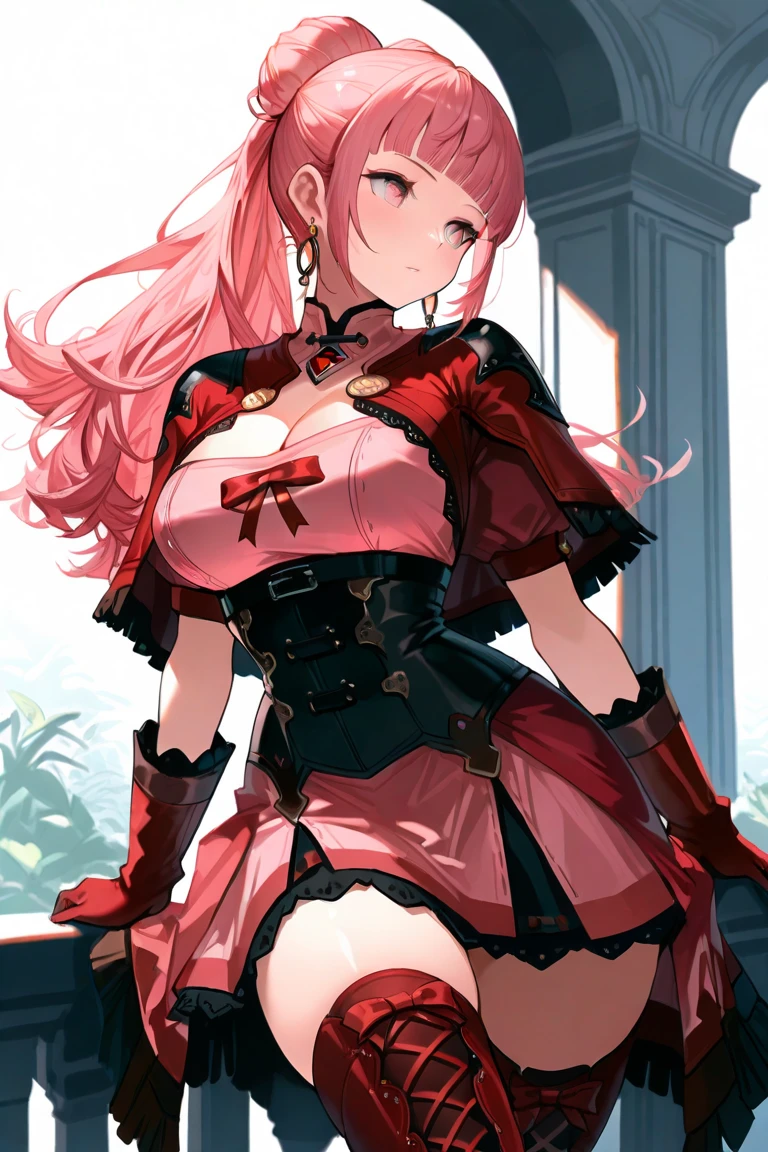 (masutepiece, Best Quality), 1girl, solo, breasts, thighhighs, long-hair, large-breasts, cleavage, red-hair, garter-straps, fishnet-thighhighs, fishnets, flower, full-body, object-namesake, skirt, smile, standing, red-footwear, bow, panties, looking-at-viewer, underwear, frills, staff, detached-sleeves, red-eyes, hair-bow, blush, hair-ornament, holding, high-heels, white-skirt, black-bow, shoes, corset, hair-flower, open-mouth, holding-staff, weapon, detached-collar, pantyshot, short-sleeves, ribbon, puffy-sleeves, pink-panties, holding-weapon