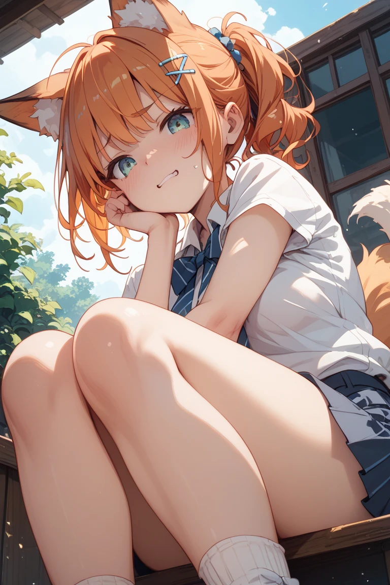 1girl, full body, summer, village, trees, sun, clouds, ((colorful hair)), ponytail, large breasts, button down, blue eyes, ((red, white and green shirt)), ((unbuttoned shirt)), unbuttoning buttons, ((short sleeved shirt)), black mini skirt, brown shoes, grin, looking at the viewer, standing, red, white and green hair ribbon, cleavage, ((golden necklate))