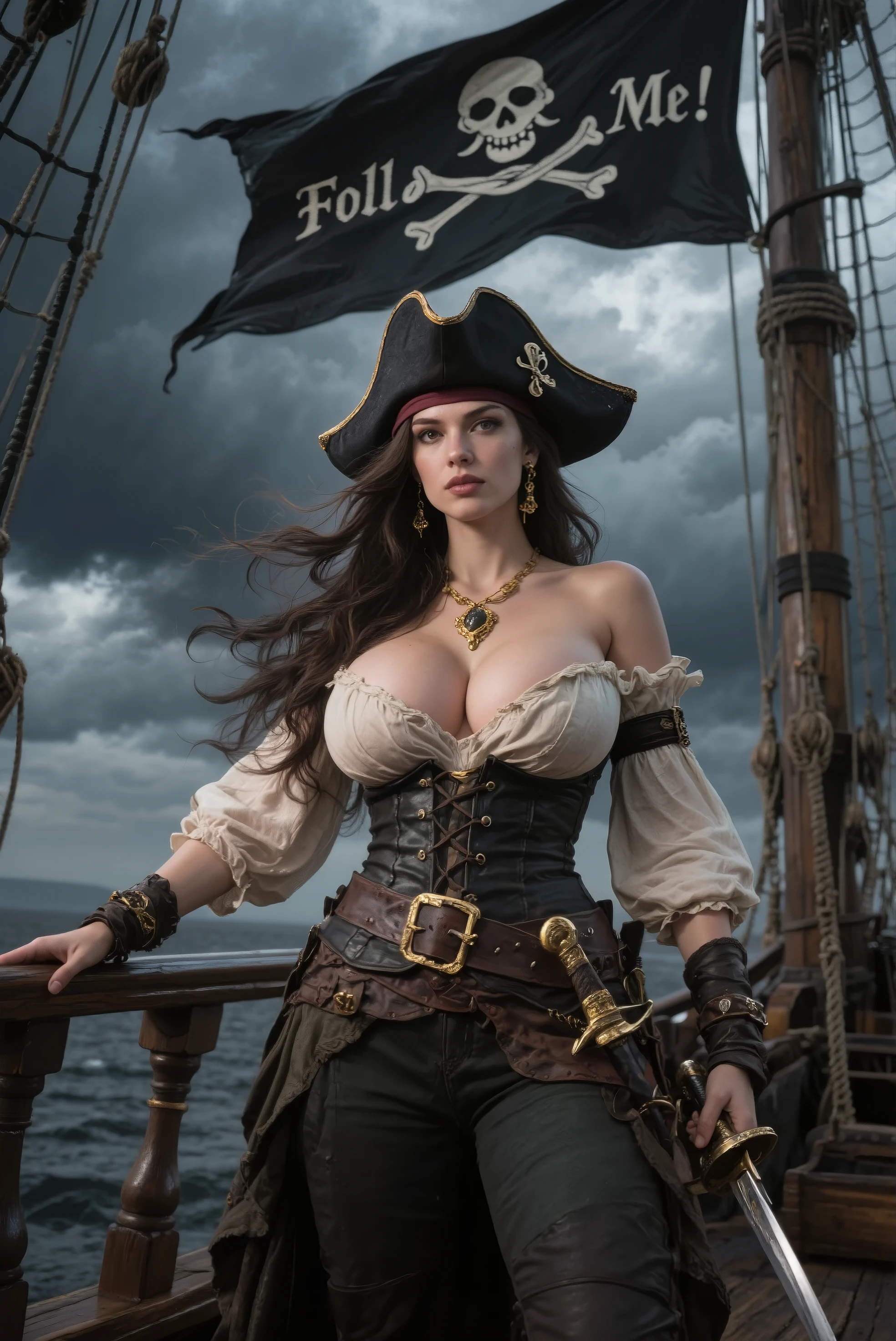 Dramatic lighting, Highest quality, film movie still, (Charming Anne Bonny, Dressed in pirate costume, Stand on the deck of a pirate ship docked in a Caribbean port), large breasts, not exposed, Toned body, (ripped clothing:0.8), Perfect face, view the viewer, (Detailed skin), [Tattoos], [freckle], ((Dirty)), (muddy), (dark cloude:0.7), (Stormy weather:0.5), Dull, Natural lighting, (direct light:0.4), 8mm film grain, photographed on a Sony a9 II, 24mm lens, f/2.8 aperture, Deep focus, (primitive), 8K, (Stills from《The Lost Pirate Kingdom》) sexy, tits, nsfw, nudes, nipples, mamilos, seios grandes, bigtits