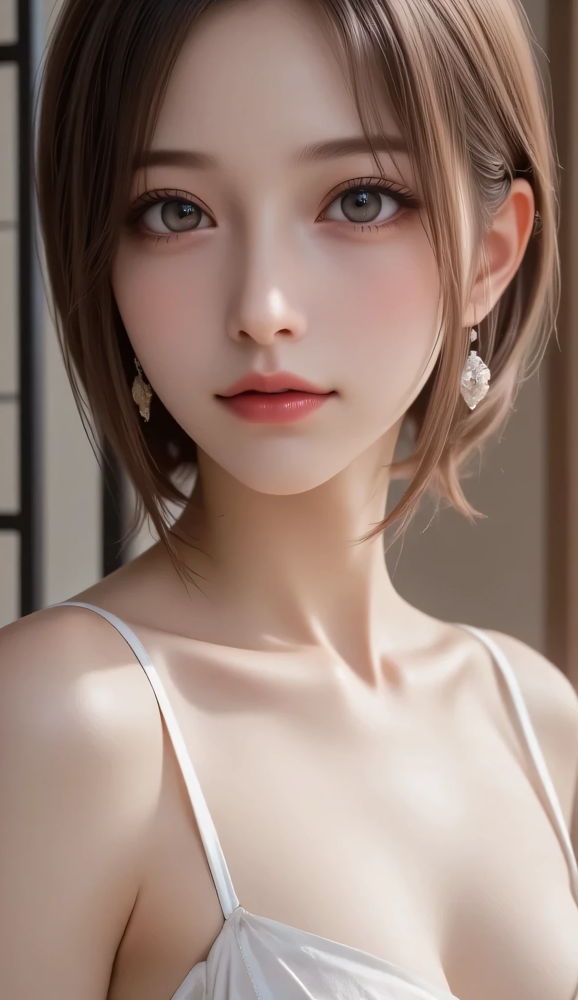 (logo, masterpiece, 8K, Tabletop, RAW Photos, wonderful, 最high quality, Photorealistic and very detailed CG composite 8k wallpaper, high quality, Very detailed, Narrative poem, Particle Effects, Dynamic Effects, Depth of the Boundary, Cinematic Light, Lens flare, Ray Tracing), short hair beautiful young woman, Hair tied back, high detail skin, very fine, fine skin texture, beautiful face, realistic eyes, beautifully detailed eyes, realistic skin, beautiful skin, surreal, smiling eyes, Hair and light eyes, Vibrant, Colorful lights and bokeh. The lighting casts a warm glow on her face and hair, Blue glow, Water surface reflection, Creates a dreamy and magical atmosphere, Big Breasts, Brown Hair, short hair, plump lower lip, pink blush on the cheeks , pink lips, brown tight no-shoulder knit sweater
