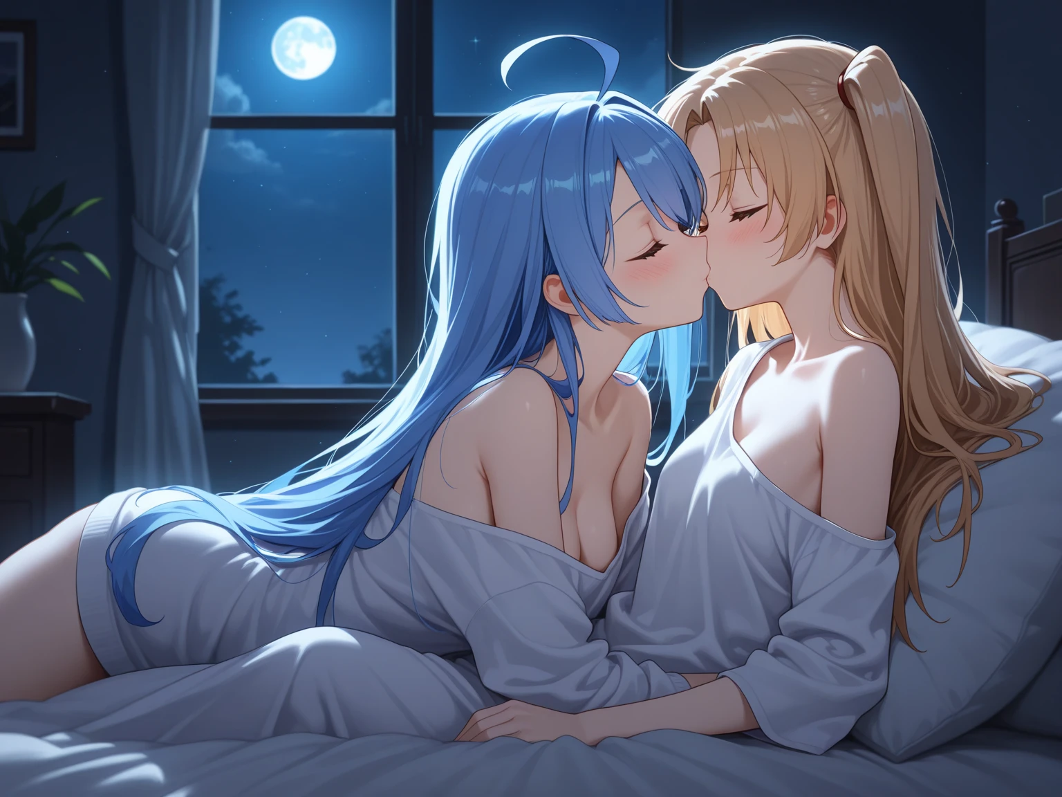 Meninas lindas de peitos pequenos se beijando a luz da lua