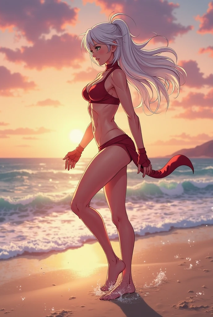 (masterpiece, best quality), girl, wearing micro thong  ((orange micro-thong bikini:fire_pattern_design_bikini)) , bio-luminescent_water_world, wide angle, athletic body, shinny_skin, flat chest, silver eyes, green long spiked hair styled in spikes, determined expression, small waist, broad chest, big mane, muscular , illustration, watercolor ink sketch, ((extremely detailed, extremely detailed legs, extremely detailed arms, extremely detailed face, perfectly detailed eyes, perfectly detailed anatomy))