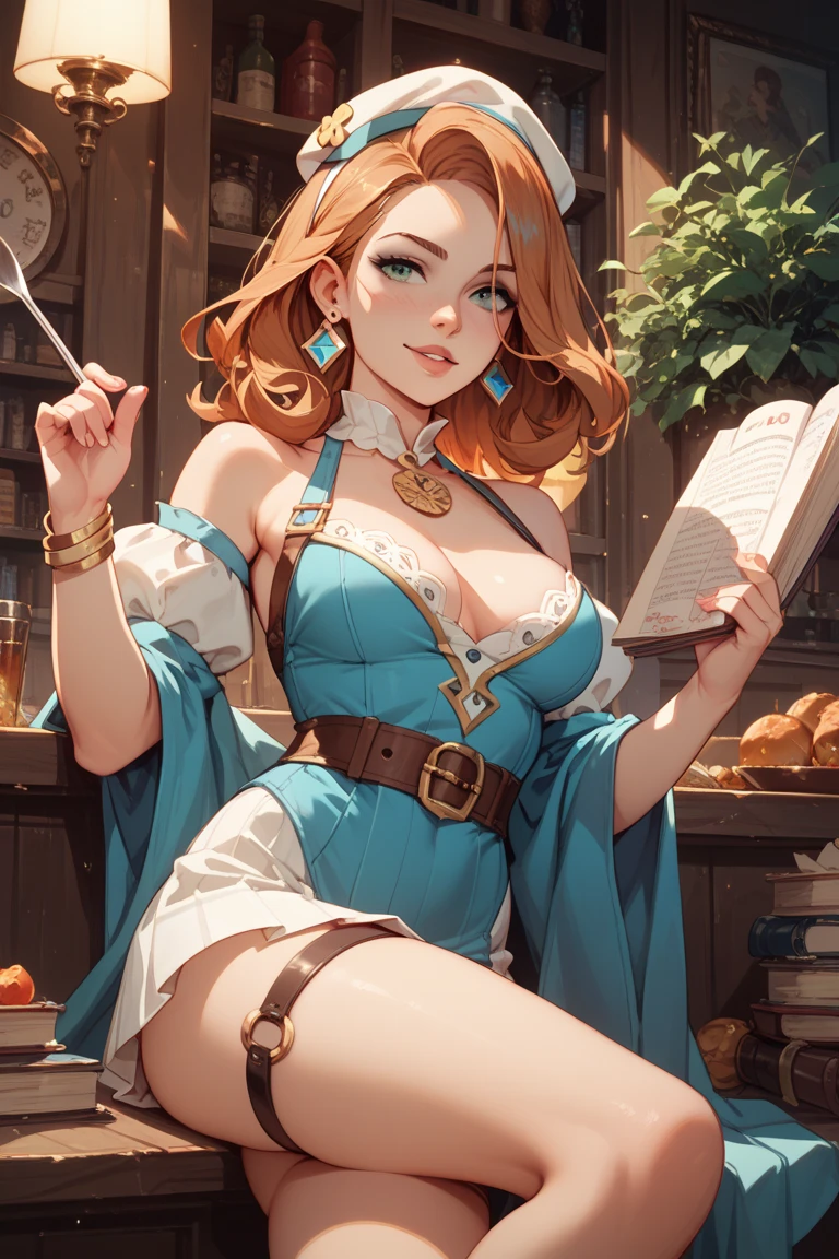masterpiece, high quality, illustration, extremely detailed, cg unity 8k, NSFW, 1_woman, (sad), sitting, (upper body) (Caucasian skin_complexion:1.4), mature, statuesque, beautiful, exotic, ((freckles)), with long elf ears, frowning, (((looking down))), ((holding letter)), medium breast, (((gold neck slave collar))), thick golden cuffs, wearing (((long) blue plaid dress)), blue plaid sash, white tank top, cleavage, ((thigh gap)), bare_shoulders, (red hair), (((long ponytail))), detailed face having ((blue eyes), dark_eyeliner, long_eyelashes), inside rustic cabin bedroom,