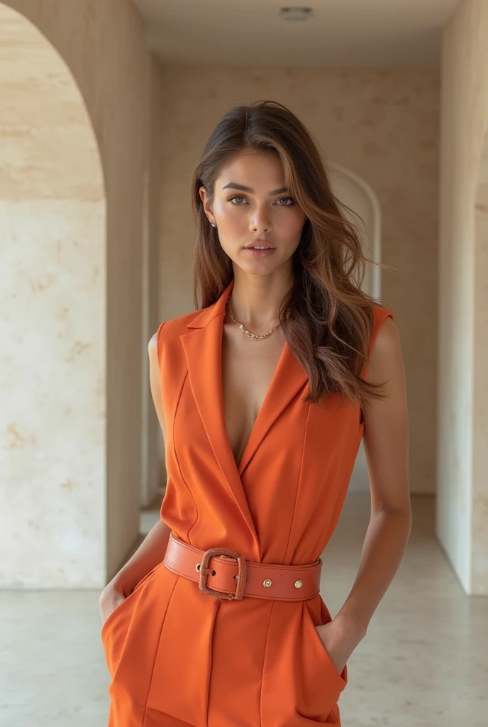 Half-length glamour portrait, nikon D850, f1.6 lens, 200mm, DSLR, 22 Megapixels, (((Outside villa scene))), shot of a stunning 20 years old portuguese girl, (smile:1.4), (wearing brown Pantsuit set with Vivid orange silk blouse:1.6), ((seductive pose)), hot girl, (((big natural breasts))), (((brown ponytail hair))), (small girl), symmetrical face, photorealistic, photography, (bright natural lighting), gorgeous, deep cleavage, (masterpiece), best quality, high resolution, extremely detailed, cinematic lighting, (((very narrow waist))), rich colors, hyper realistic, lifelike texture, ((jewelry)), (((She has beautiful hands and wears rings))), (bracelet), (necklace), (ankle chain), (nail polish) (earrings), Fuji Superia 200, 8k
