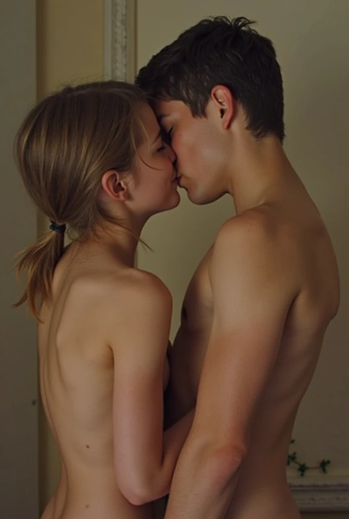 plump mature woman with skinny young boy in intimate position, boys have flat chests, the boy is short