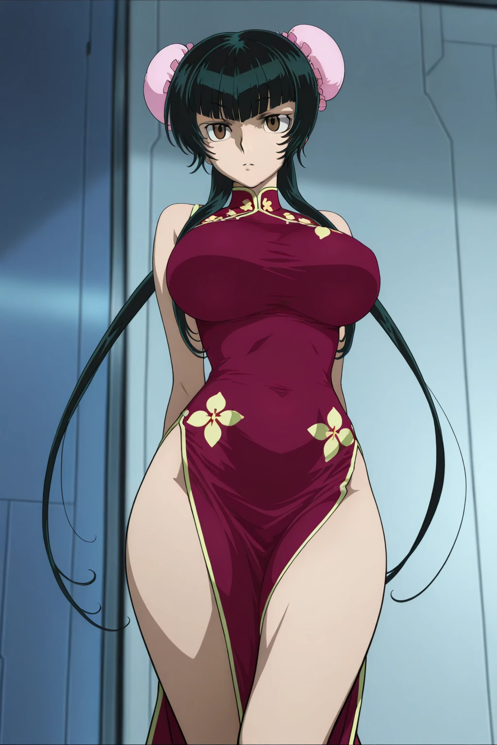 Masterpiece, 4k, details, extreme details, high resolution, Masterpiece, 4k, details, extreme details, high resolution, 1 woman, black skin , Long black curly hair , green eyes, sly face , naked , abdomen , big breasts, , Long legs , stand on your hips... , Barefoot , abandoned factory