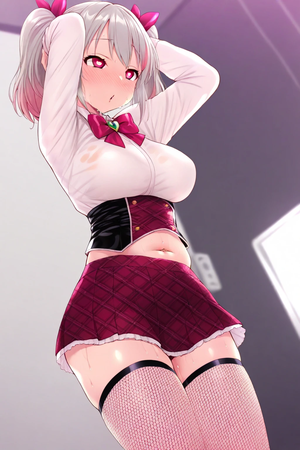 1girl,masterpiece,best quality,grey hair,(ponytails),blue eyes,(white stockings),(red plaid skirt),medium breasts,extremely detailed,cum in pussy,(cum dripping from pussy),creampie