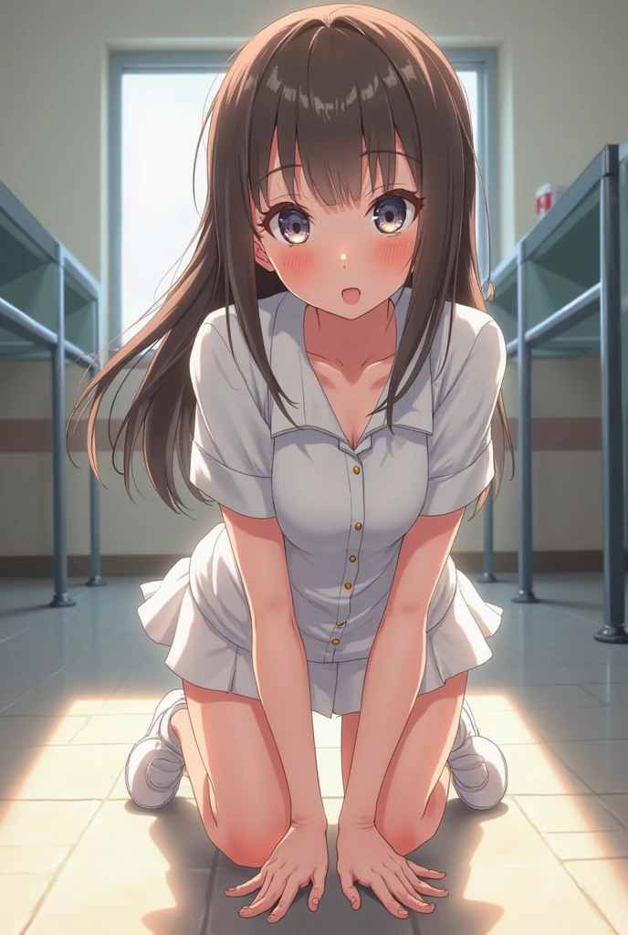 realistically, brown eyes, ponytail, glowing eyes, white short skirt, extra short skirt, Blush, daytime, Wet from the rain, see through, sleeveless shirt, nipples, lace panties, crotch, embarrass, Sit with your knees raised, windy, yuuki mikan, the skirt is turned up, highest quality, High resolution, highly detailed face, perfect lighting, highest detailed CG, perfect hands, perfect anatomy, hand pulled skirt up, medium breast