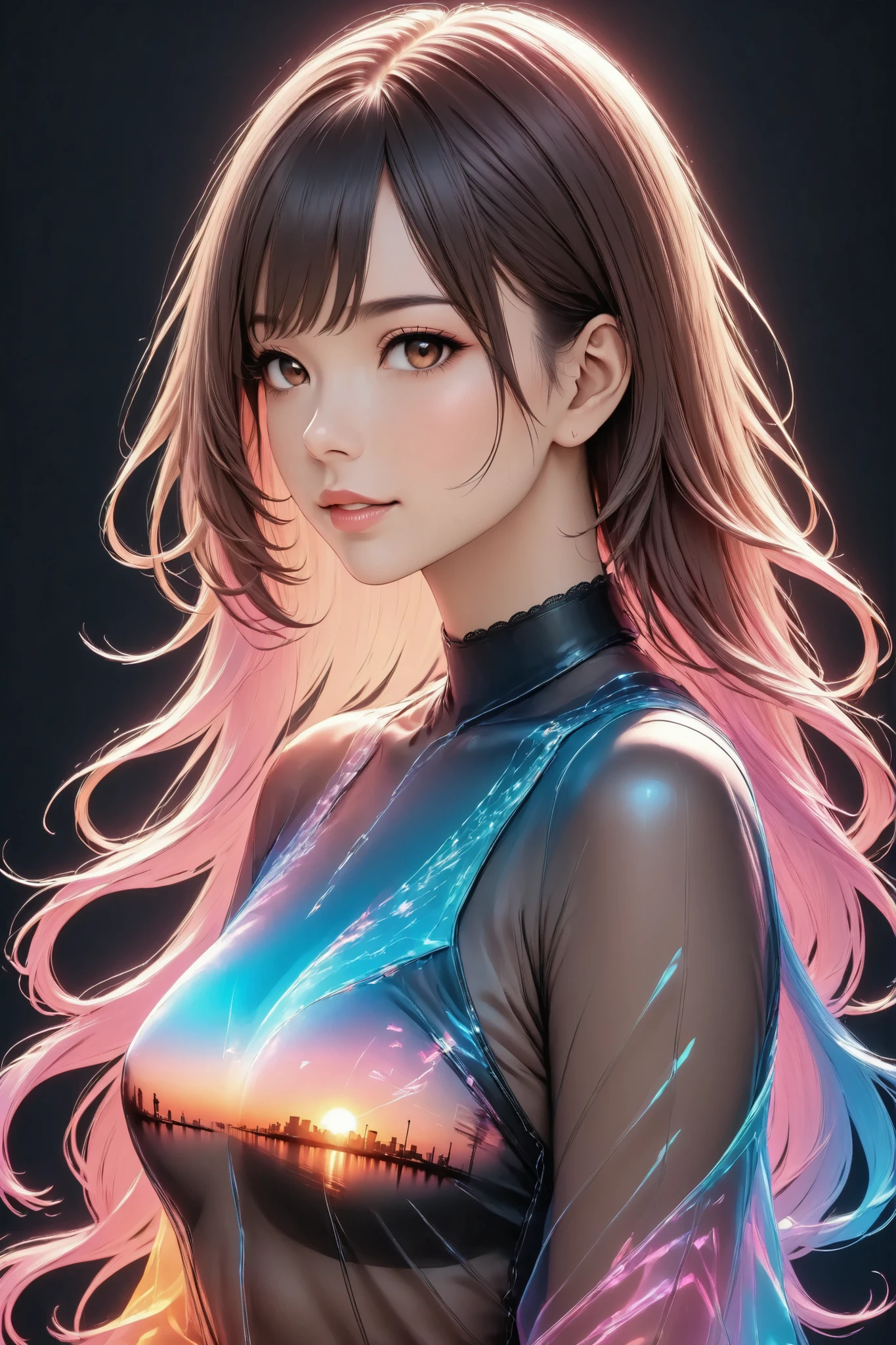 Semi realistic,(Double exposure:1.3) High Quality, 8K ultra HD, A beautiful Double exposure that combines an goddess silhouette with sunset coast, and the background is a night neon street, details are built into women , Front Map, upper body, bust shot, sharp line, as a beautiful silhouette, sharp focus, Double exposure, amazing full color,