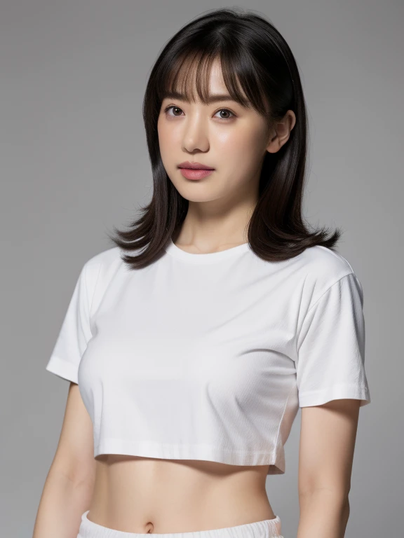 (top-quality、16K resolution)1 person、solo、natural soft light、small tits、A Japanese Lady、Looking at the camera、white t-shirts、Concrete background、Facing the front、is standing、bobhair、Woman in her late teens、Light bangs、short-hair、Salon model、Natural look、portlate、floated hair、Rolled hair