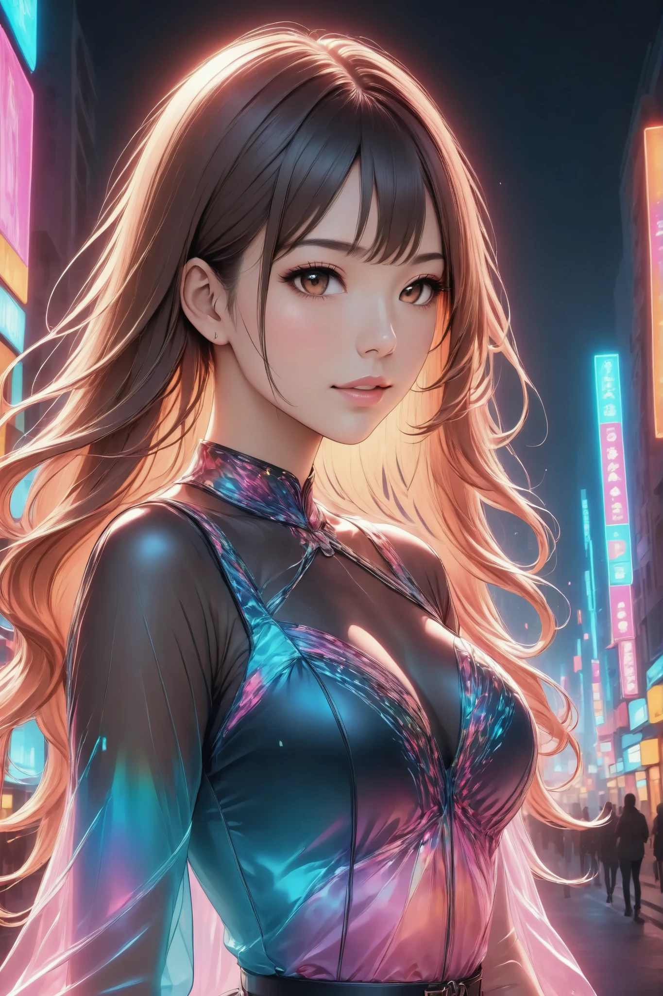 Semi realistic,(Double exposure:1.3) High Quality, 8K ultra HD, A beautiful Double exposure that combines an goddess silhouette with sunset coast, and the background is a night neon street, details are built into women , Front Map, upper body, bust shot, sharp line, as a beautiful silhouette, sharp focus, Double exposure, amazing full color,