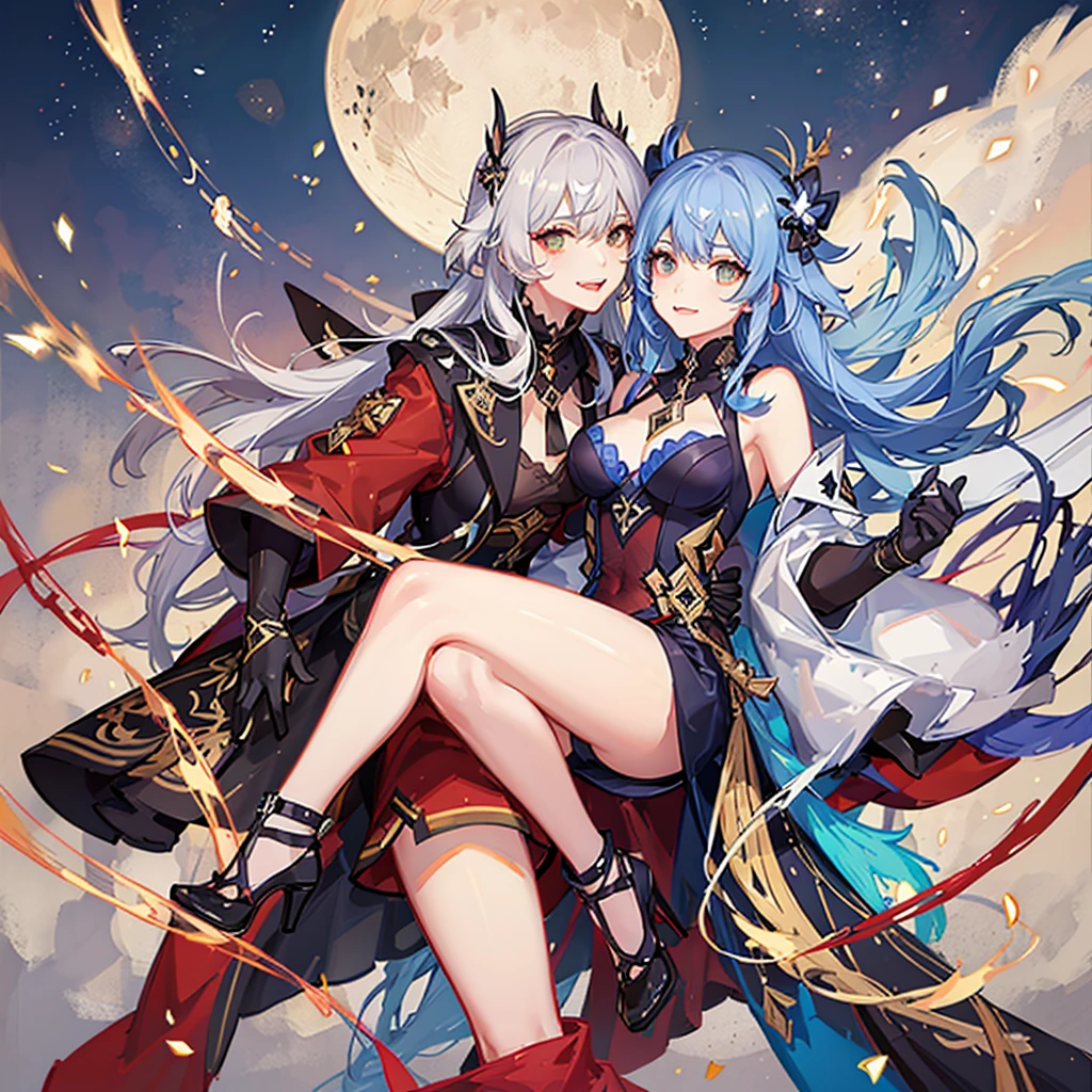 an adult anime-style girl named Tomoe Gozen (to know) showing a friendly smile ,presents an impressive and powerful appearance. It is 2 kilometers high, she holds a galaxy with her hand, showing her great multiversal power she is sitting on a planet measuring the cosmos, she has nothing on her head. She wears swimwear decorated with traditional Japanese light blue motifs with gold details that give it a distinctive touch.. His grayish albino hair is tied up in an elaborate hairstyle that complements his warrior appearance.. She has huge O cup breasts. His reddish eyes shine with determination and strength., showing his indomitable spirit in combat. He has 2 swords, one sword is covered in red fire and the other sword is covered in blue fire and both swords are shown with a fighting style.
