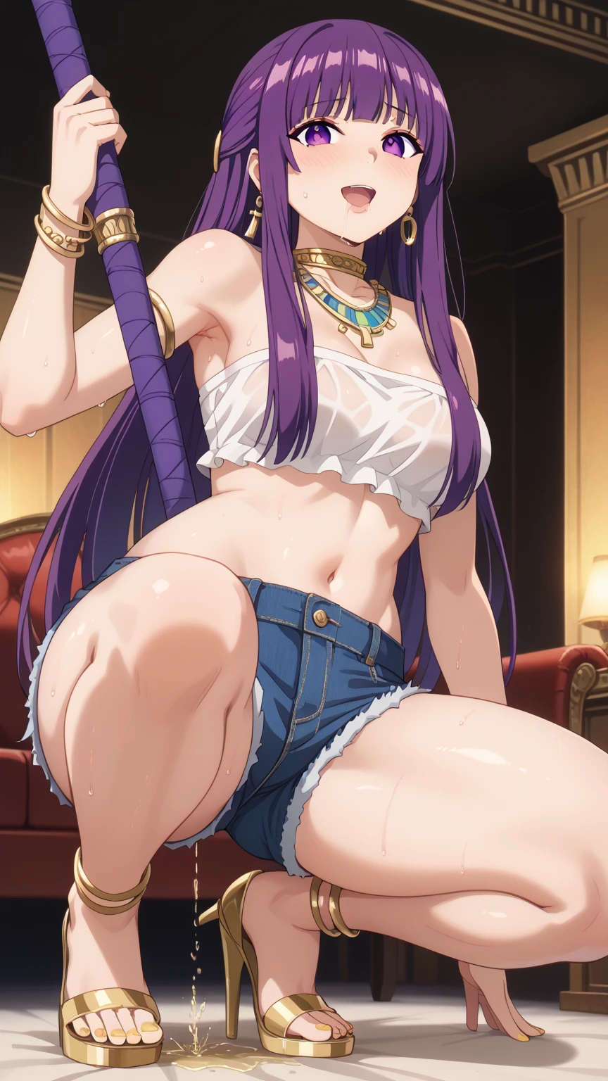 Highest quality, High resolution, (Huge breasts:1.2), (Leg lift, Standing Split:1.2), stage, Very dark skin, dqmanya, bangs, Circlet, Earrings, choker, bracelet, Bracelet, bikini, Loincloth, blush, Embarrassing, Happy, smile