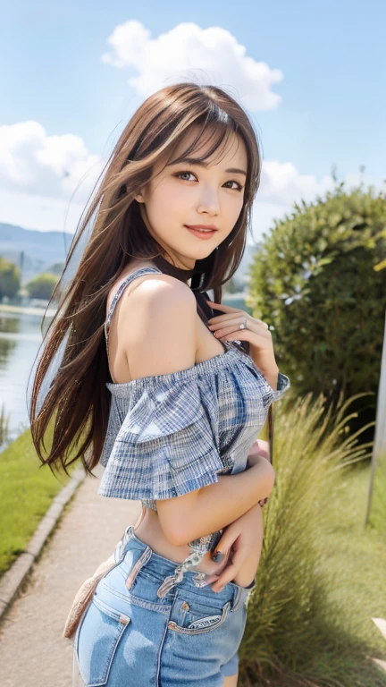 (A hyper-realistic)、(illustratio)、(hight resolution)、(8k picture)、(ighly detailed)、(Best Illustration)、(beautifully detailed eyes)、(top-quality)、(ultra-detailliert)、(masterpiece)、(wall-paper)、(A detailed face)、独奏、女の子1人、fullbody image、(Burst breasts:1.3)、cloudy ash sky、Sateen、Eau、White T-shirt、Wet shirt、Wet hair、Wet skin、female idol、Eyes on the viewer、Detailed eyes and mouth、A detailed face、lowkey、pureerosfaceace_v1、Happy smiling face、Brown hair、bangss、Beautiful teeth alignment、Blushing cheeks、constricted hips、skinny thigh、Watching from above、a necklace、耳?????? Ring、Bracelet、Clean lake、the woods、a river、teats、cloudy ash sky、Sateen、