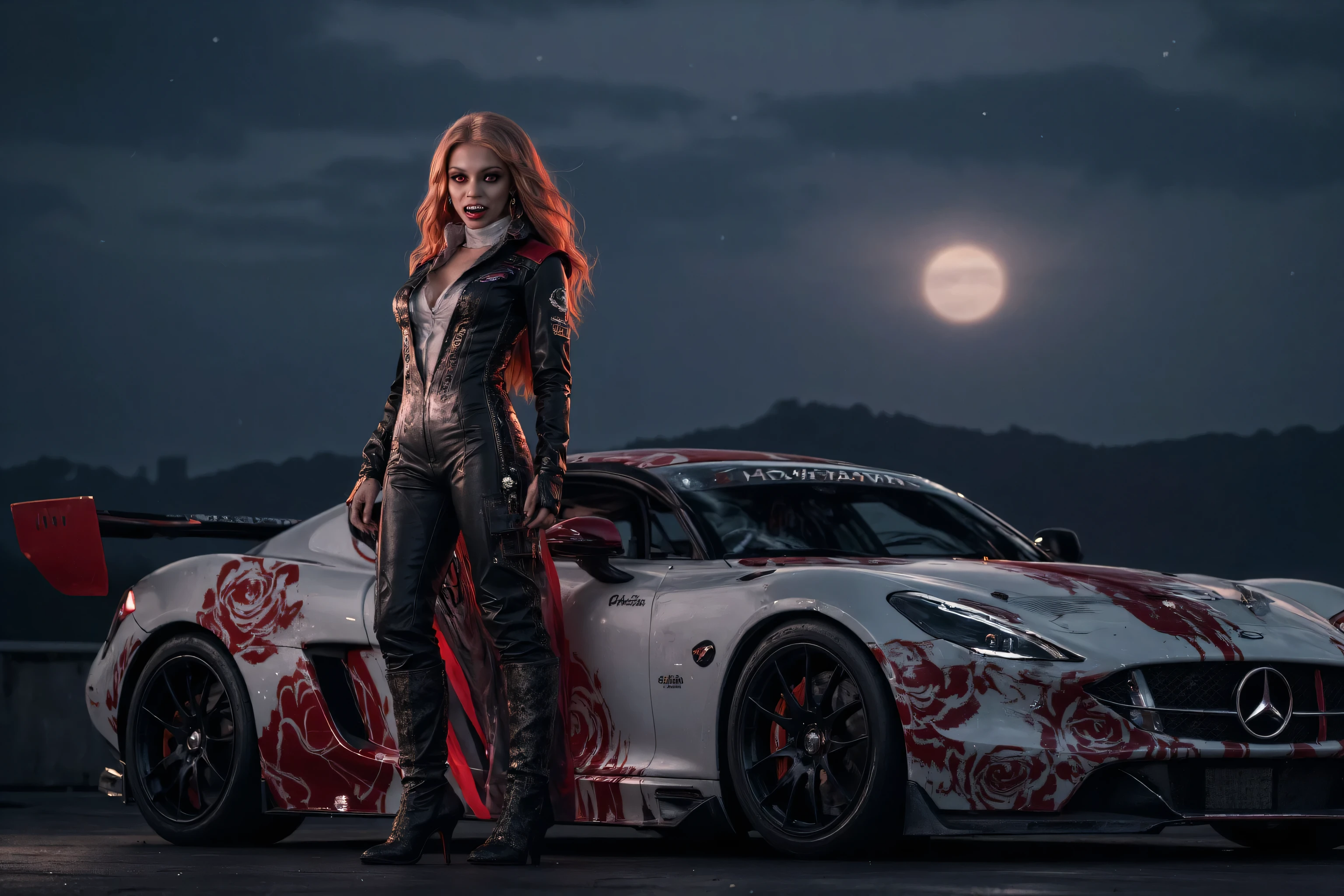 Dracula,03hyp3rd3tail style,w1n,zavy-ctcmcs,a picture of a female vampire race driver standing near her racing car (intense details, Masterpiece, best quality), elegant, glam, fantasy leather racing suit, with rose patterns, high heels boots dynamic clothing, an ultra wide shot, full body (intense details, Masterpiece, best quality)epic beautiful female vampire (intense details, Masterpiece, best quality), pale skin, fangs, red glowing eyes, rich hair, flowing hair, action shot, white racing car with blood red patterns, red lights, night, full moon (intense details, Masterpiece, best quality),  sense of daring, sense of awe, fear, gloom,  high details, best quality, 16k, [ultra detailed], masterpiece, best quality, (extremely detailed), dynamic angle, ultra wide shot, photorealistic, RAW, fantasy art, dnd art, fantasy art, realistic art, 