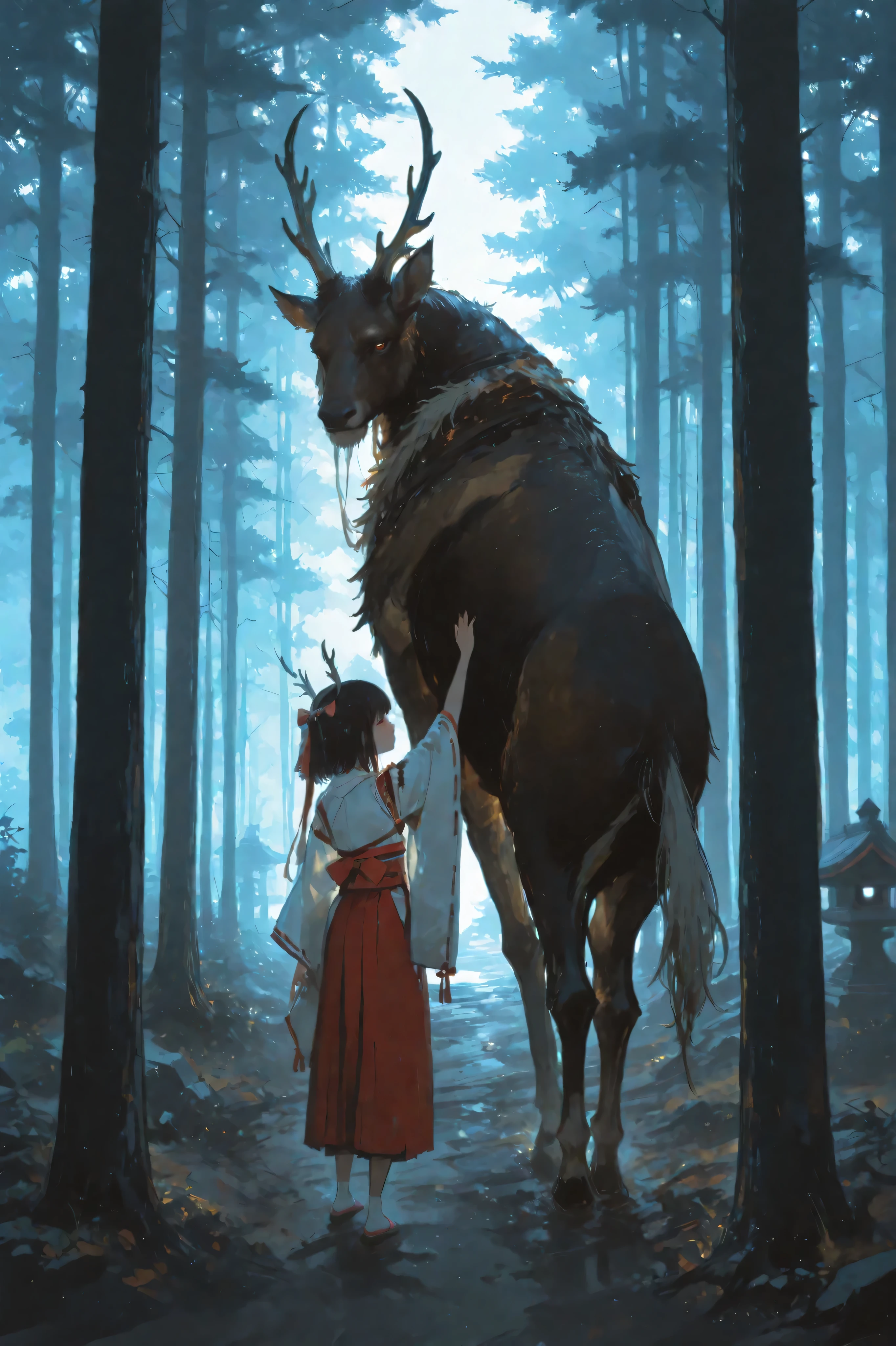 A divine, majestic stag with large branching antlers stands gracefully in a misty forest at dawn. The stag is the main focus, viewed in a wide shot to emphasize its large and powerful presence. Near the stag, a young girl in traditional Japanese miko (shrine maiden) attire stands respectfully, her hand gently reaching toward the stag’s neck. The early morning light filters softly through the trees, illuminating dew-covered undergrowth and lingering fog. The atmosphere is sacred and tranquil, evoking a sense of awe and reverence. Inspired by traditional Japanese bijinga paintings. Semi-realistic style, wide composition, painterly detail, dramatic lighting, no anime.