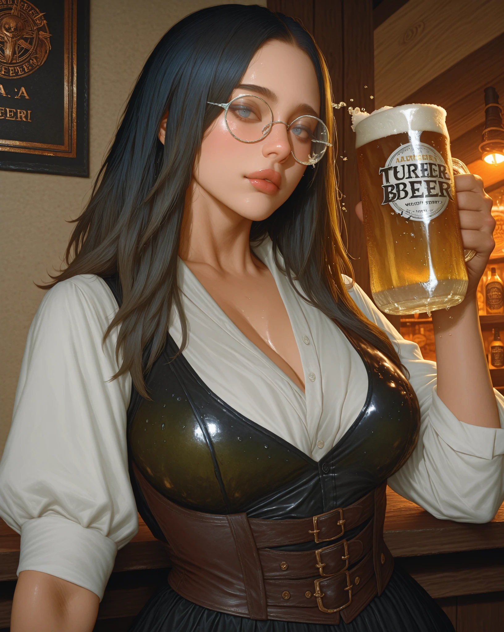 (highest quality:1.2, Very detailed, up to date, Vibrant, Ultra-high resolution, High Contrast, masterpiece:1.2, highest quality, Best aesthetics), Portraiture、solo, girl、(slim:1), (25-years-old), Cowgirl, Bright colors、Beautiful fine details、Beautiful lip detail、long hair、(wide-brimmed cowboy hat:1), low ponytail, white and yellow green ((streaked hair:1.6)), highlights hair: 1.5, (medium breast:1) , (tan skin:0.9), flannel shirt rolled up with red and black checkered patterns, button undone, suspenders, tight short skirt cowboy, revolver holster with revolver, belt with buckles, buckle, colt 45 old west revolver, brown cowboy hat, cowboy boots, sitting on top of the bar, inside the bar,((cowboy shot:1))