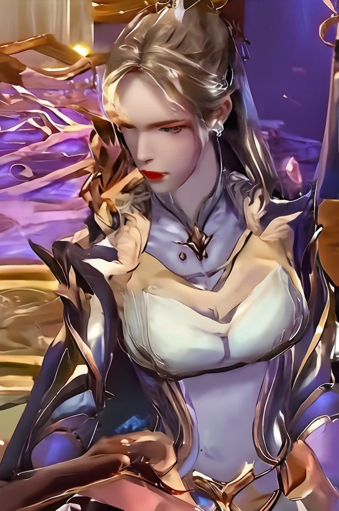 1girll, Solo, tmasterpiece, CG, 8K, RAW photo, picture, simple backgound, (looking at the camera in:1.5), Full body photo, posing on a, Ultra-delicate skin, (Super detailed face:1.2), Purple eyes, eyeslashes, Black eyeliner、Dark eyeshadow、hair adornments、Forehead headdress、long whitr hair、blond hairbl、collars、choker necklace、cropped shoulders、Body-beautifying、detailed outfits、sleeve、Huge chest half exposed、Over-the-knee boots、Long legs、angel wing、，Sit cross-legged，Qiancheng Xue