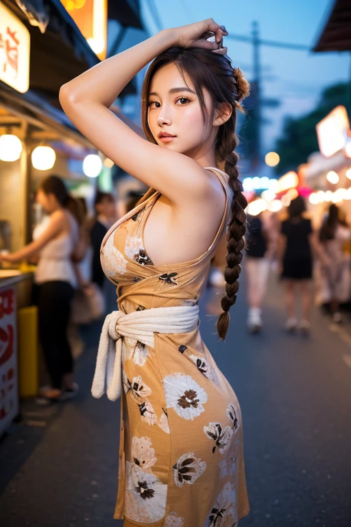 one girl、Ash gray hair、charming eyes、shortcut、ponytail、plump lips、camisole、beautiful skin、small breasts、breasts are small、night time、Street food stalls in Taiwan、The stuffy heat、everyday city、RAW photo、highest quality、ultra high resolution、high resolution、master piece:1.3、8k、professional photographer、