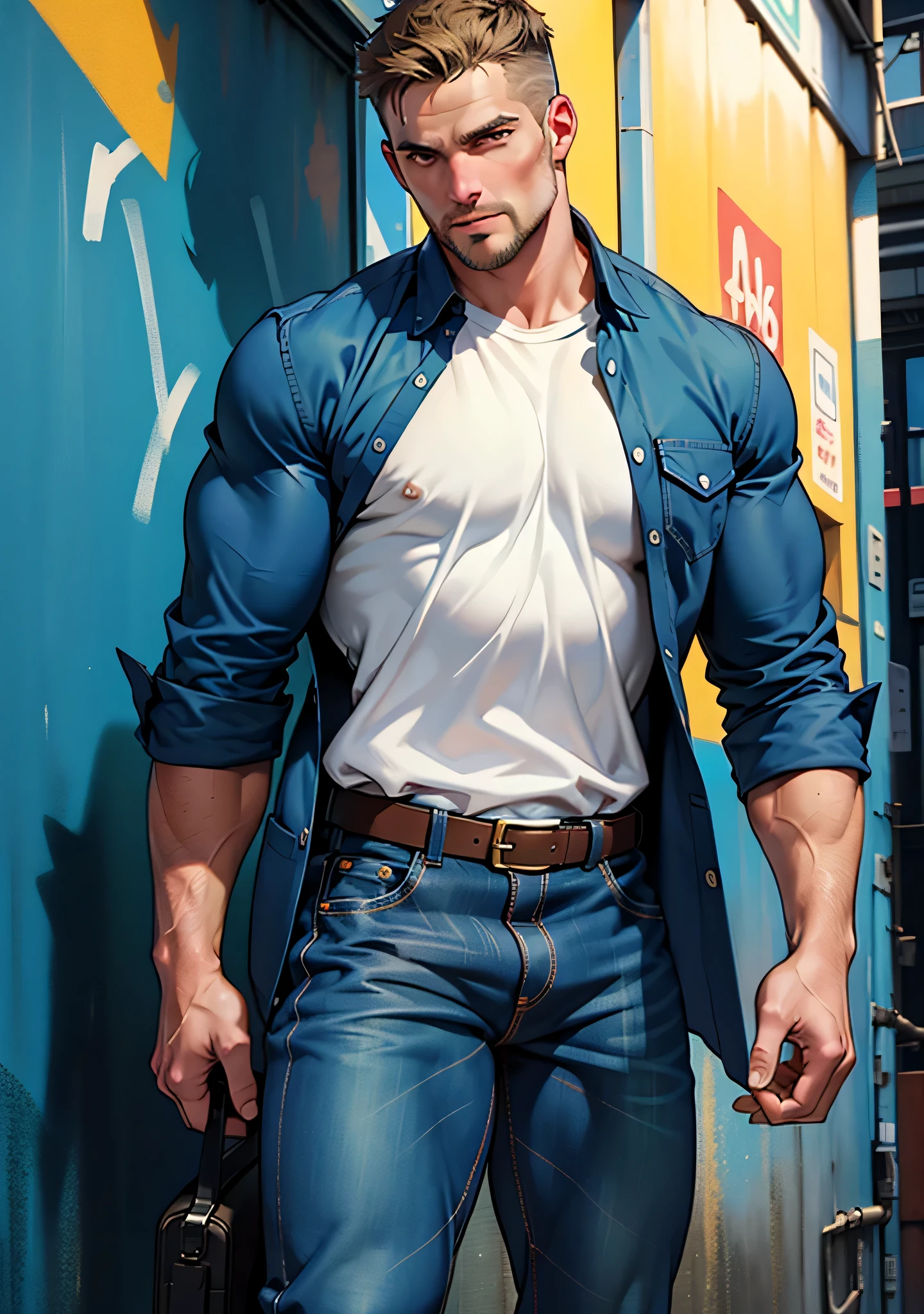 (original-art:1.2),(lineart:1.33), 1male, black hair, 1950s greaser, mature masculine muscular, handsome chisled facial features, muscular hairy body, 70s mustache, unbuttoned ripped black denim shirt, open shirt, un-zipped jeans, opened pants, pubic hair, huge crotch bulge, sexy, hot, jock, erotic, (hyperdefined),(inked-art), hero-angle, masculine stance, erotica, full body shot, cartoon, indoor, dramatic lighting, sidelighting,complex lighting,(full vibrant colors),hatched-texture,(fine-details:1.2),absurdres,flat-colors,ultradetailed, city street,