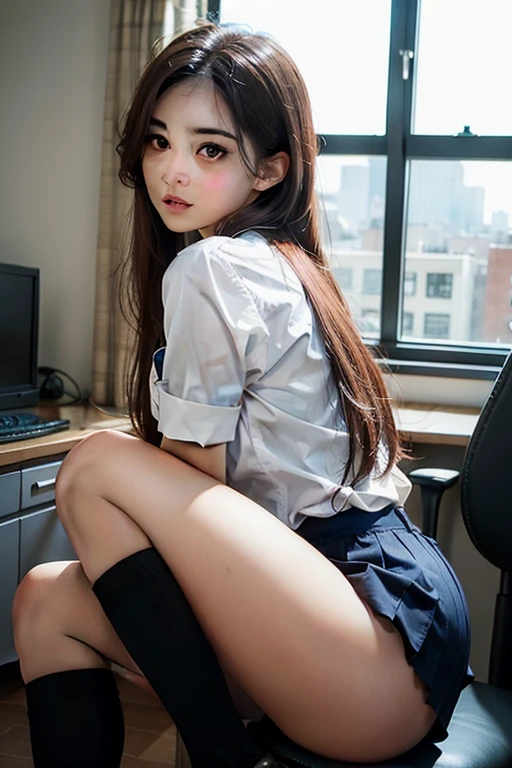 ((8k, RAW photo, top quality, masterpiece), HD RAW color photo professional close-up photo, (realistic, realistic: 1.37), (highest quality), (best shadow), (best illustration), collarbone ((large)), (erotic, sexy, super high resolution, HD CG unified 8K wallpaper, physically based rendering, cinematic lighting), (aegyo sal: 1), 18 year old girl, (gray blazer, ribbon, gray flesh tights, High school uniform: 1.2), high school classroom, beautiful detail eyes, light on the face, ((Full body shot: 1.2)), smile, double eyelids, big eyes of water spirit, earth red eye shadow, lying silkworm with sequins, shiny skin, (((long brown hair, soft straight hair: 1.2))), (sexy thighs), ulzzang-6500-v1.1:0.2, shy, (flash: 1.2), NSFW, (puffy), (seductive pose: 1.2, charming: 1.2)), (idle), (sitting at a desk in the classroom: 1.2)), (good anatomy: 1.2)), (bright and refreshing classroom, background blurred:  1.2)), perfect face, cute face, (high angle shot: 1.2)