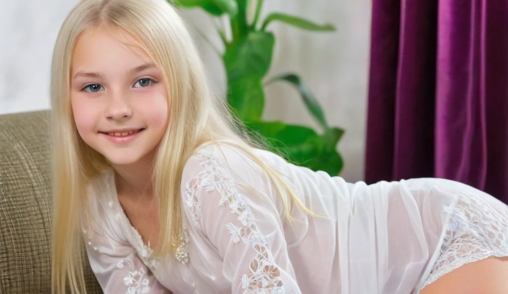 ((best quality)), ((masterpiece)), 1girl, innocent girl, blue eyes, joyful smile, white pantyhose, long blonde hair, age 6, on a bed, big earrings,